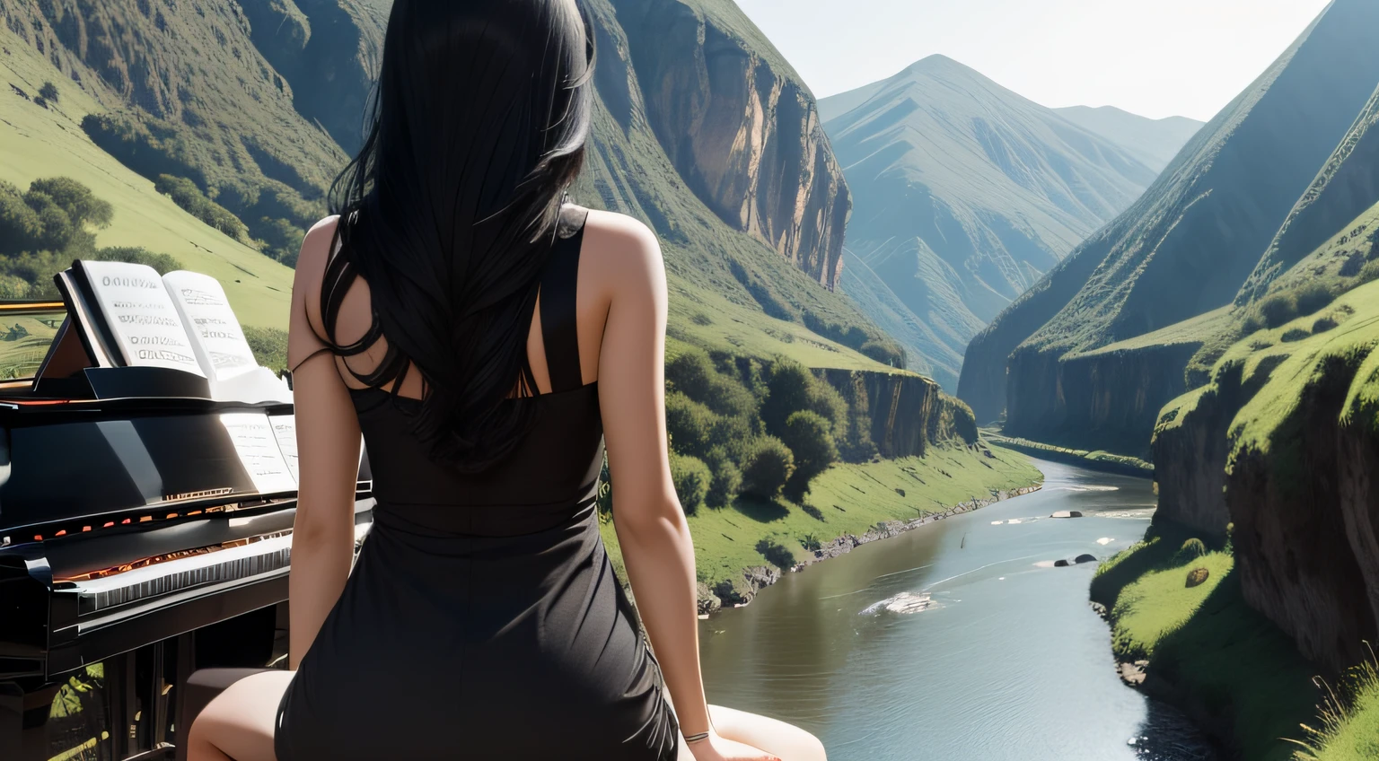 a woman with black hair from behind, a piano, a valley and a river in background