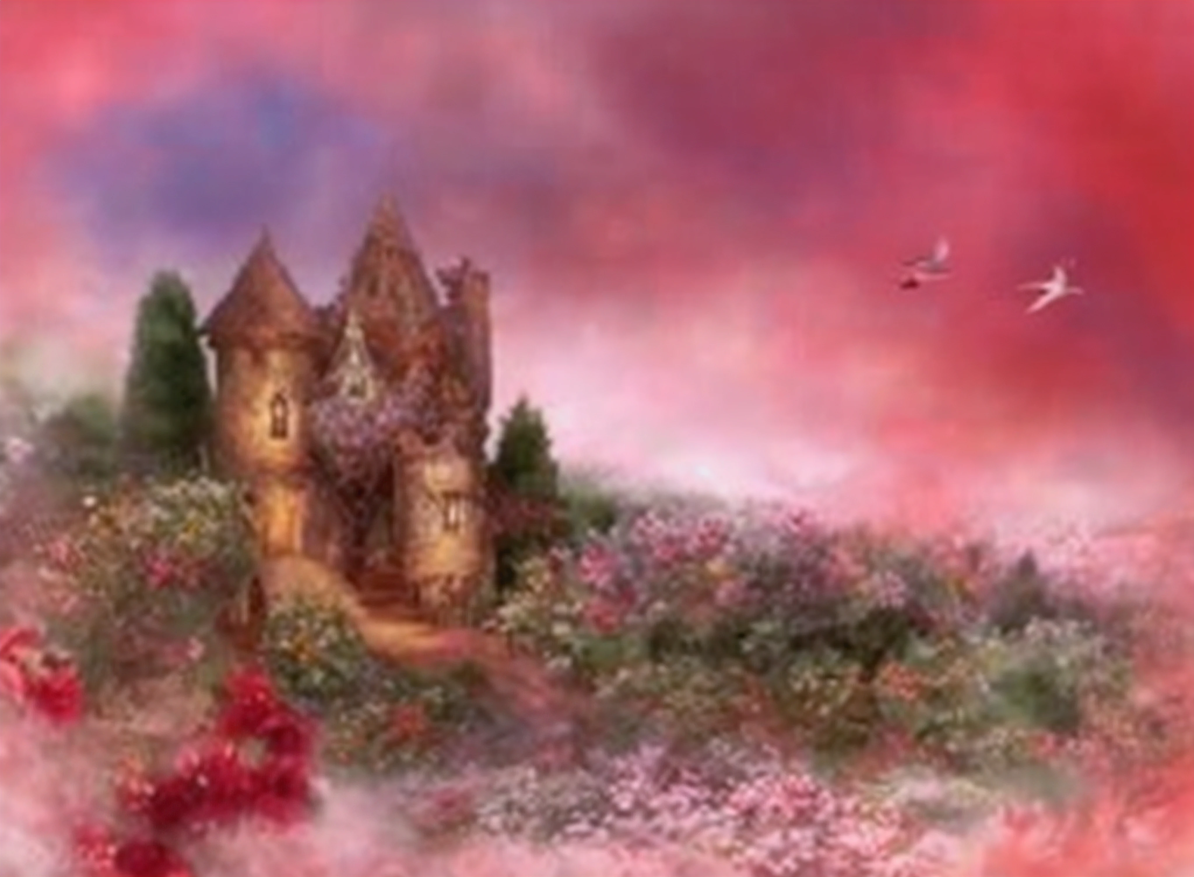 Castle painting in a flower field,A bird flies by, a paradise like a fairyland, faery palace, fairy tale place, romantic storybook fantasy, dreamy scenes, (((tomas kinkade))), very magical and dreamy, fantastical setting, Thomas Kinkade style, inspired by Thomas Kinkade, cottagecore!!, dreamy and detailed