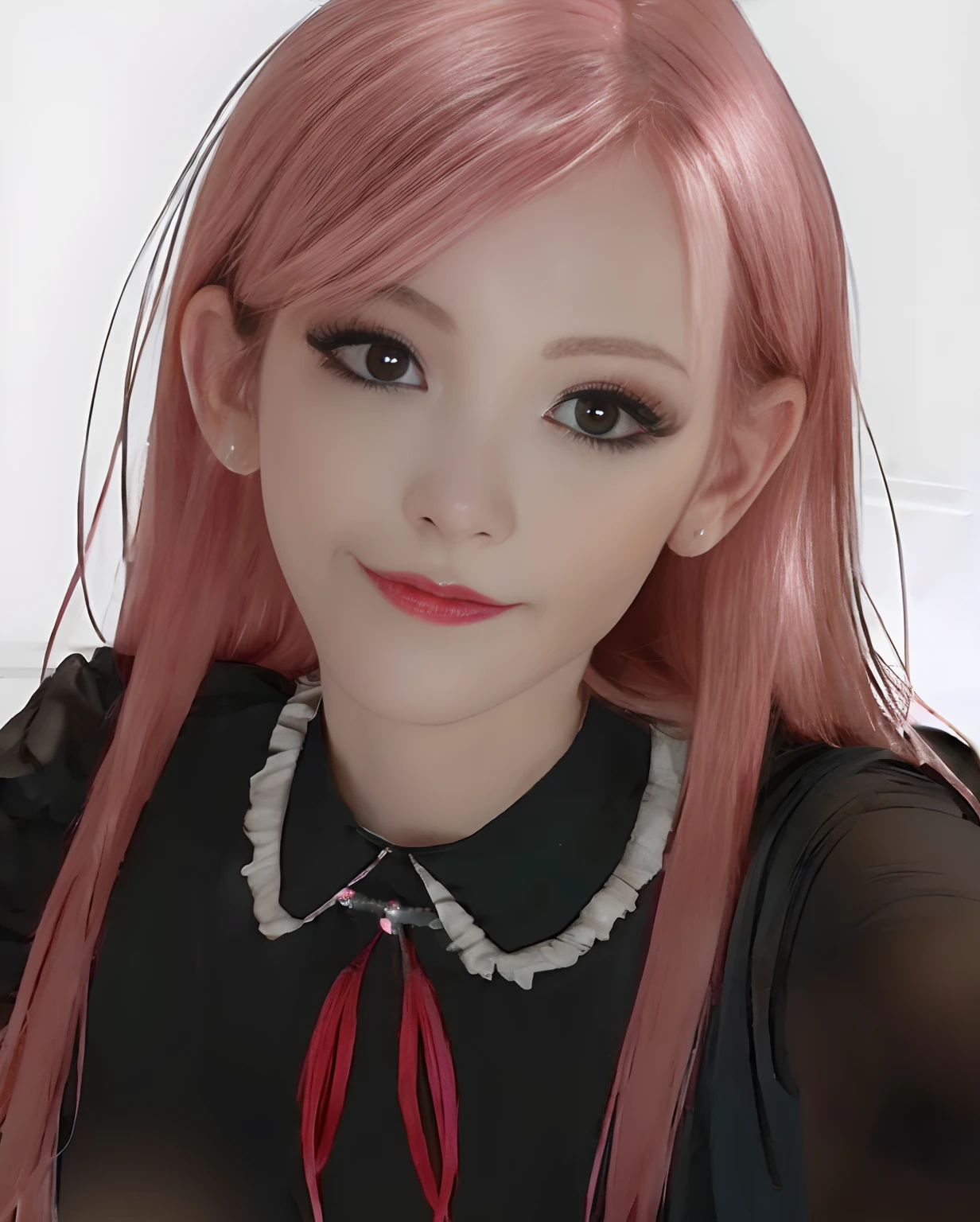1 girl, pink hair, red eye, detail face, detail eye, black drees, smal lips, masterpiece photograpy realistic, best image quality, ultra detail, high quality, very realistic, very detail,((realistic))