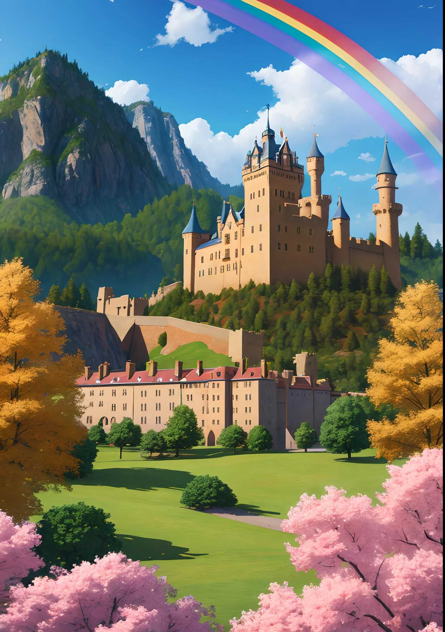 castle scene , a hyperrealistic schoolgirl, classic shoujo, Realistic Schoolgirl, visual novel cg,  ( castle in background ),rainbow,fractal art,