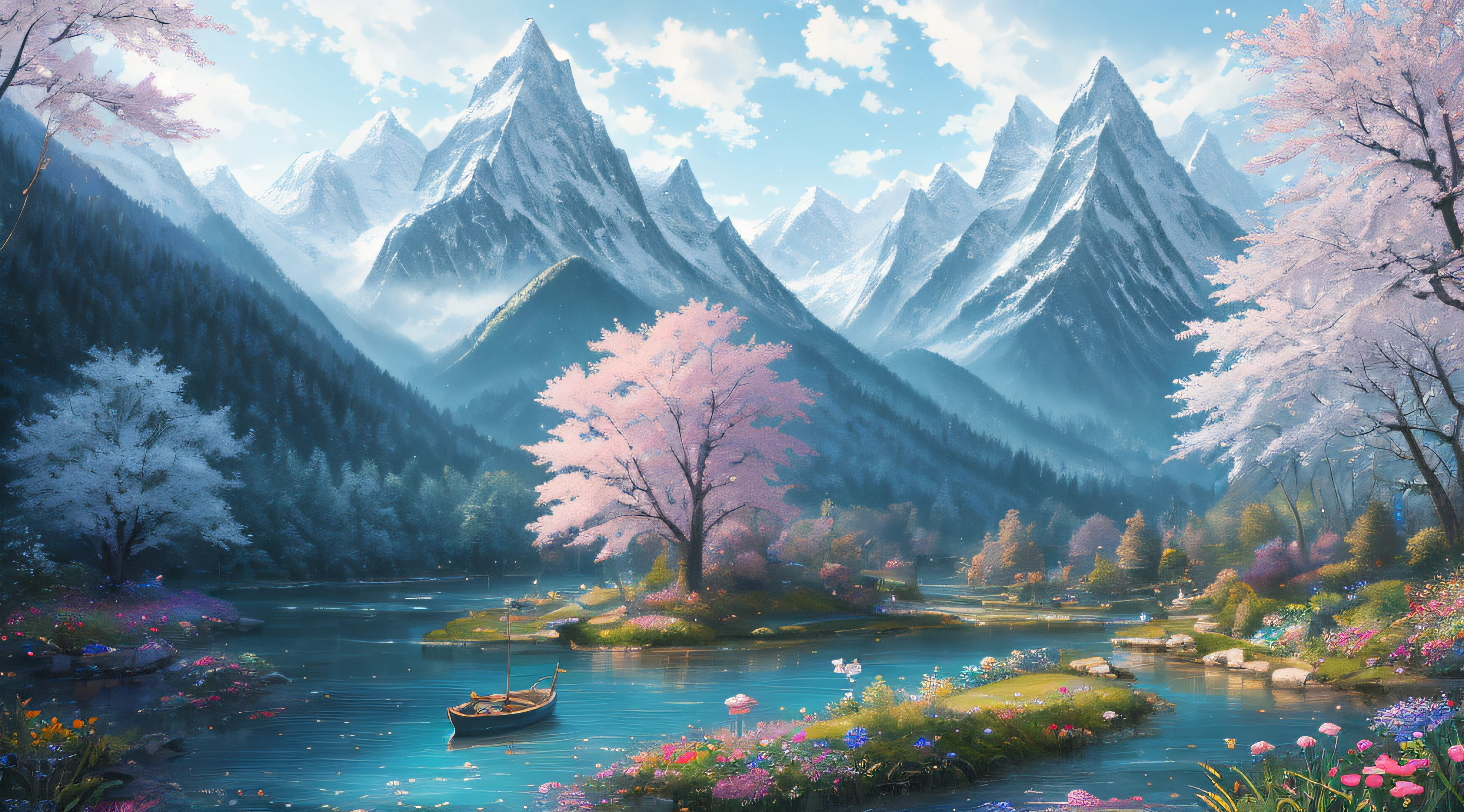 There are two boats fishing in the river, beside of the mountain, two boat in the water, mountain background, , flowers beside fence, masterpiece, best quality, high quality, extremely detailed CG unity 8k wallpaper, An enchanting and dreamy scene of a fantasy forest, with towering trees, glowing mushrooms, and hidden fairy glens, creating a sense of mystique and enchantment, art station, digital illustration, intricate, trending, pastel colors, oil paiting, award winning painting, Bokeh, Depth of Field, HDR, bloom, Chromatic Aberration ,Hyper realistic ,extremely detailed, trending on art station, trending on CGsociety, Intricate, High Detail, dramatic, art by midjourney