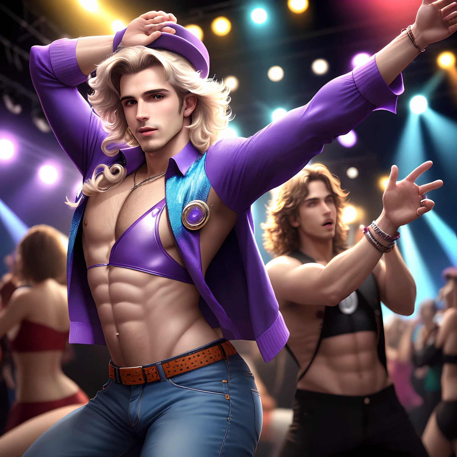 um homem jovem de aproximadamente 20 anos, com cabelos sobre os ombros e ruivos e com barba rala, He's wearing a stylish, Purple jacket., sem camisa, Displaying your physique. Na parte de baixo, He wears a bell-bottomed jeans, that refers to the fashion of the 70s.
The man is in a disco, inspirado na era dos anos 1970. The environment is dark.., criando um clima misterioso, but at the same time it's brilliant, with colorful and dancing lights. Isso faz com que a cena seja vibrante e cheia de energia.
He's dancing sensually, fun and relaxed, moving with fluidity and confidence in the rhythm of the music. His movements are inspired by the discotheques of the time, where dance was a form of expression and fun.
The image evokes a nostalgic atmosphere, Remembering the musical album "Confessions on a dance floor" da cantora Madonna, which also has references to the discotheques of the 70s. The description seeks to convey a sense of freedom, alegria e autenticidade e sensualidade, while the character indulges in the music and the environment around the ballad.