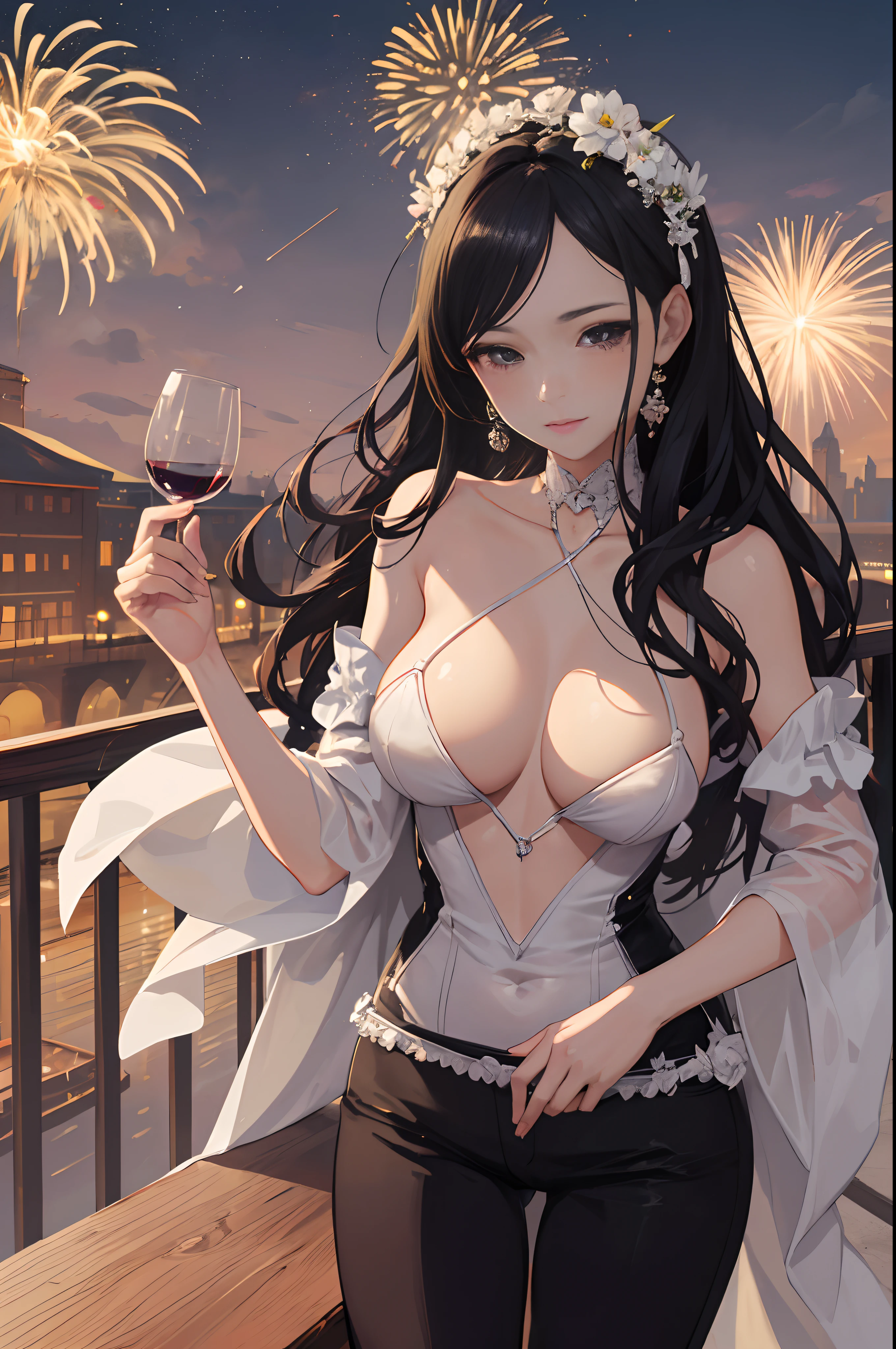 ((A sexy and beautiful woman holding a wine glass and looking at me on the terrace)), ((The cutest 22-year-old beauty)), Charming smile, ((Fireworks in the background) ), ((Very long hair) ), ((One piece with a lot of exposed parts)), ((Rich bust)), Gradient eyes, Seductive makeup, Single view, NFFSW, UHD, Retina, Masterpiece, Accurate, Anatomy Scientifically correct, textured skin, super detail, high detail, high quality, award winning, highest quality, high resolution, 1080P, HD, 4K, 8k, 16k