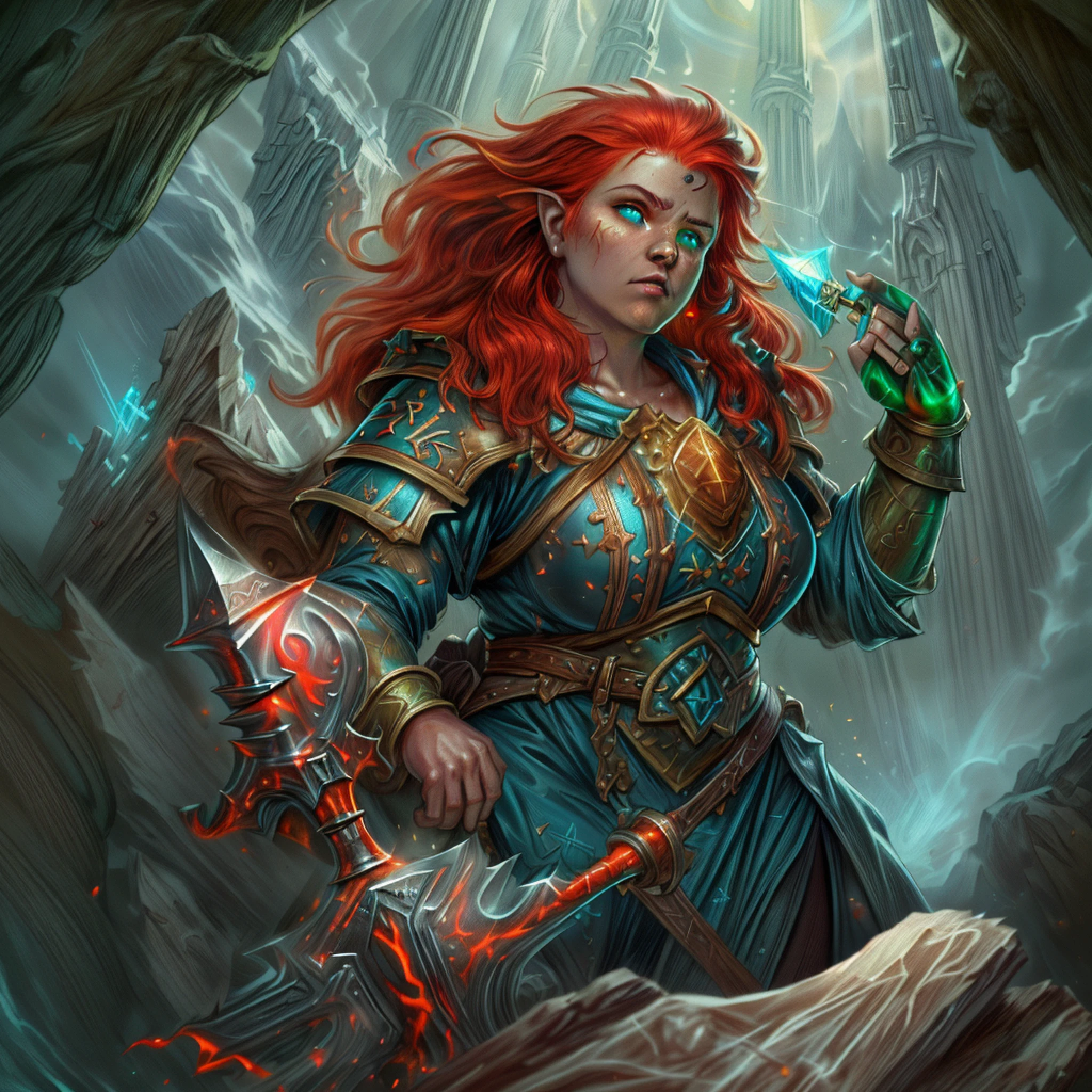 high details, best quality, 8k, [ultra detailed], masterpiece, best quality, (extremely detailed), dynamic angle, ultra wide shot, photorealistic, fantasy art, dnd art, rpg art, realistic art, an ultra wide picture of female dwarf cleric, holding axe with red fire on it , casting a spell, wearing heavy armor, white armor (best details, Masterpiece, best quality: 1.5), blue cloak (intricate details, Masterpiece, best quality), holy symbol,(best details, Masterpiece, best quality: 1.5), from symbol GlowingRunes_paleblue, beautiful female dwarf, ultra detailed face, ultra feminine, red hair, intense eyes, green eyes, D&D female dwarf (best details, Masterpiece, best quality: 1.5) fantasy temple background, celestial background, ((divine worship atmosphere)), high details, best quality, highres, ultra wide angle