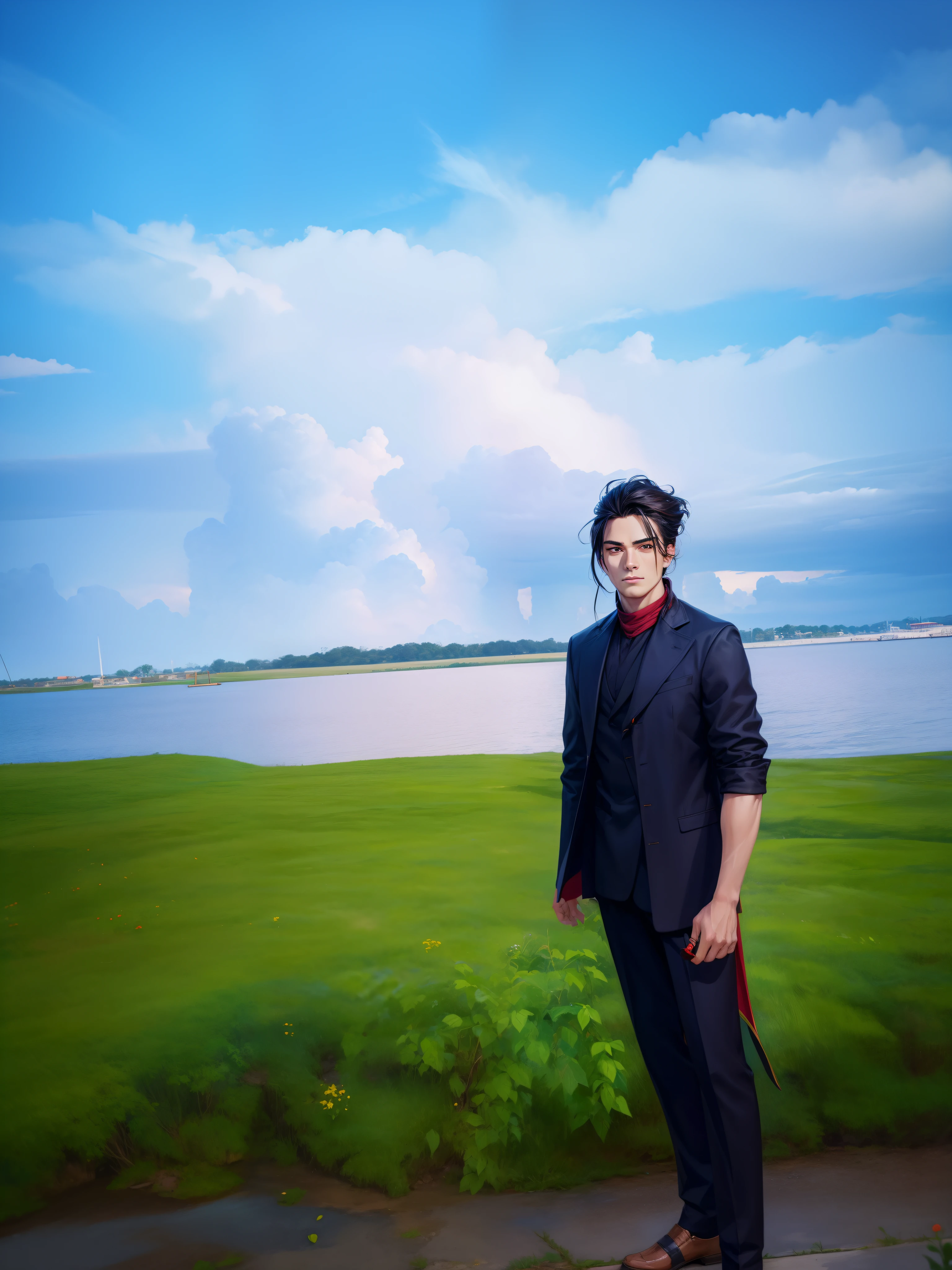 Man with red overcoat, long black hair, brown eyes, with big sword on his back.realistic face, middle heir.