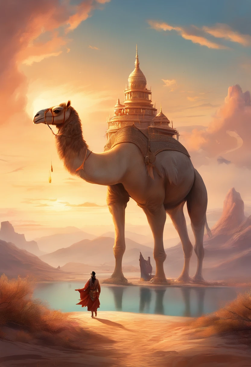 (best quality,4k,highres,masterpiece:1.2),ultra-detailed,desert,camel carrying oud,in the foreground,walking towards the distance,beautiful Goose Tower on a small island,detailed mountains in the background,serene atmosphere,clouds floating in the sky,Chinese Northwest landscape