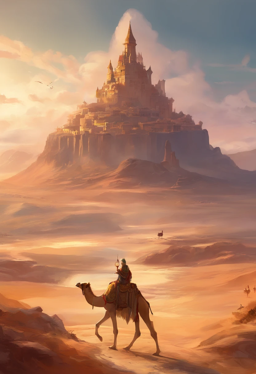(best quality,4k,highres,masterpiece:1.2),ultra-detailed,desert,camel carrying oud,in the foreground,walking towards the distance,beautiful Goose Tower on a small island,detailed mountains in the background,serene atmosphere,clouds floating in the sky,Chinese Northwest landscape