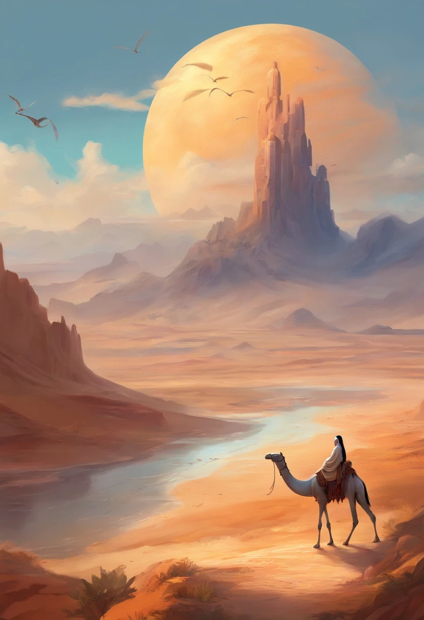(best quality,4k,highres,masterpiece:1.2),ultra-detailed,desert,camel carrying oud,in the foreground,walking towards the distance,beautiful Goose Tower on a small island,detailed mountains in the background,serene atmosphere,clouds floating in the sky,Chinese Northwest landscape