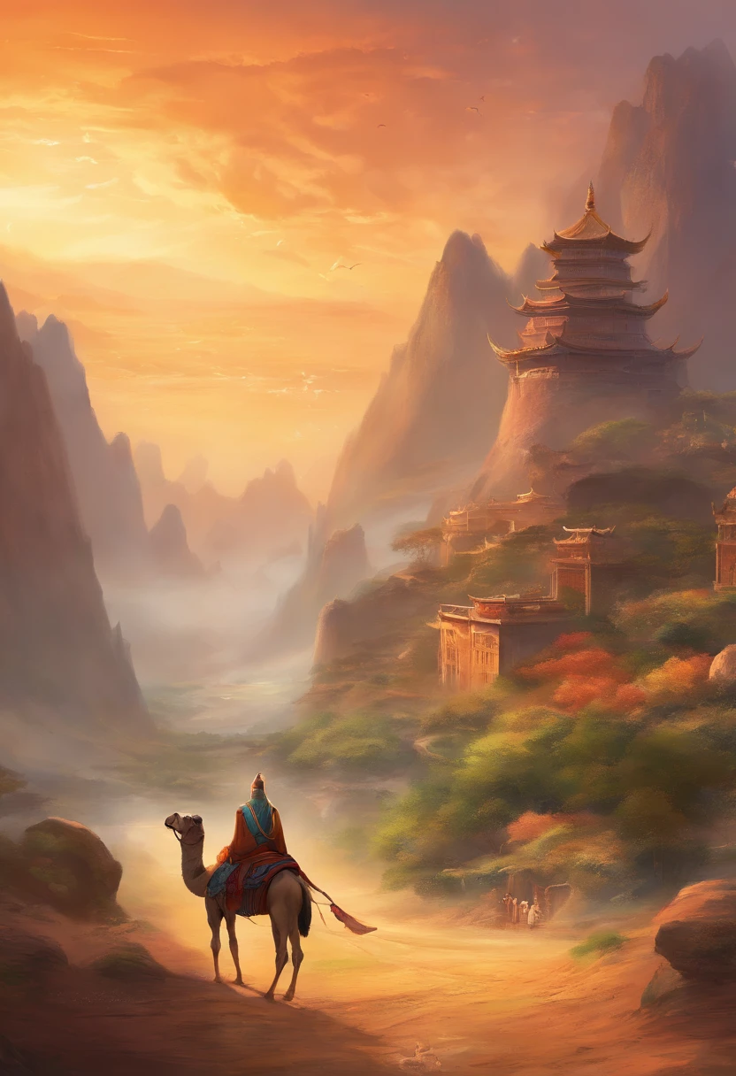 (Best quality,4K,A high resolution,Masterpiece:1.2),Ultra-detailed,Desert,Camel caravan,Camel back huqin,In the foreground,Walk into the distance,There is a giant wild goose pagoda in the background,Detailed mountains in the background,tranquil ambiance,Clouds floating in the sky,Landscape of Northwest China