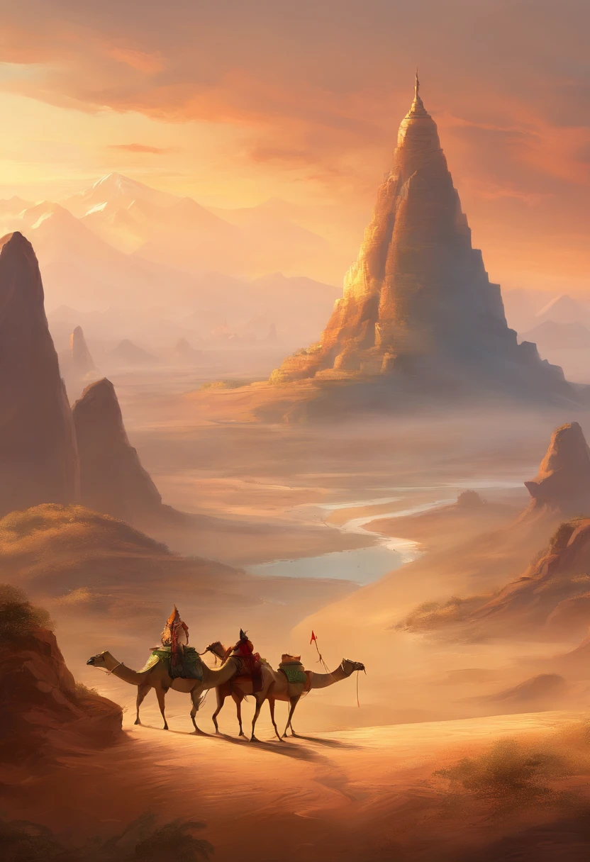 (Best quality,4K,A high resolution,Masterpiece:1.2),Ultra-detailed,Desert,Camel caravan,Camel back huqin,In the foreground,Walk into the distance,There is a giant wild goose pagoda in the background,Detailed mountains in the background,tranquil ambiance,Clouds floating in the sky,Landscape of Northwest China
