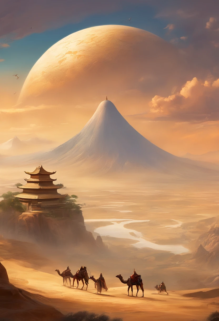 (Best quality,4K,A high resolution,Masterpiece:1.2),Ultra-detailed,Desert,Camel caravan,Camel back huqin,In the foreground,Walk into the distance,There is a giant wild goose pagoda in the background,Detailed mountains in the background,tranquil ambiance,Clouds floating in the sky,Landscape of Northwest China