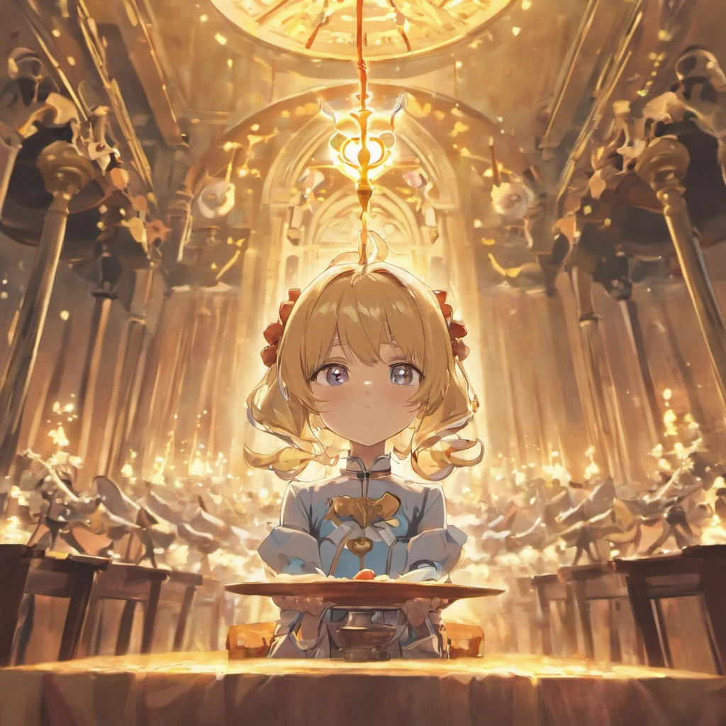 In an orderly indoor venue,The dining table has、Full of exquisite cutlery and delicacies。The background is a galaxy,Creates a romantic and warm atmosphere。6 for each seat, Angel and devil are gathered,Meticulous paintings are、Captures the details and colors of each dish