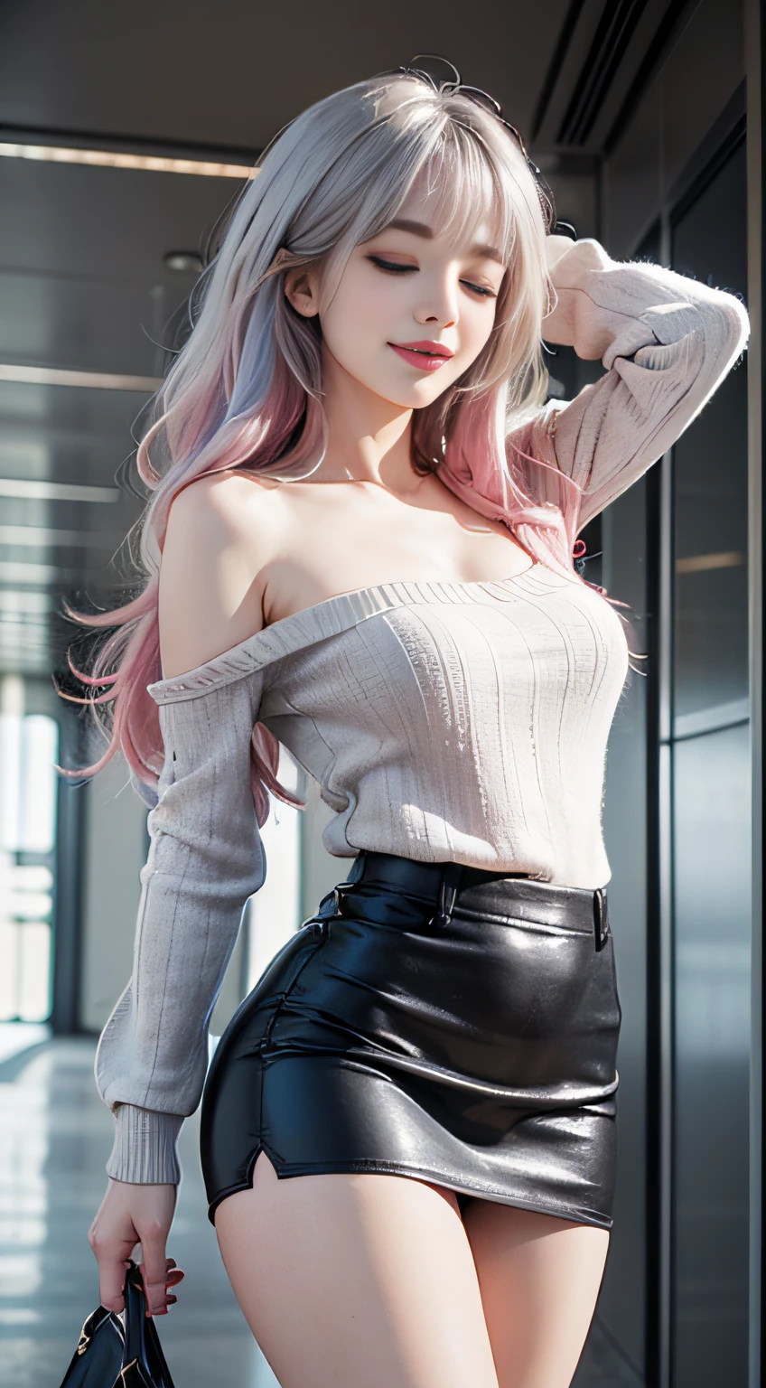 (Woman Standing In Office District)1 girl, Silver hair, striated hair, Bangs, Blunt bangs, Long hair, Pink hair, aqua eyes, ((Eyes closed)), makeup, Smile, Parted lips, Realism, Verism, surrealism, depth of fields, One-person viewpoint, F/1.8, 135 mm, canon, nffsw, retinas, masutepiece, ccurate, Anatomically correct, Textured skin, Super Detail, high details, High quality, Best Quality, hight resolution, 1080p, hard disk, 4K, 8K、(Coarse short sweater)Floats off the shoulders、off shoulders、Black tight skirt、(yawning)