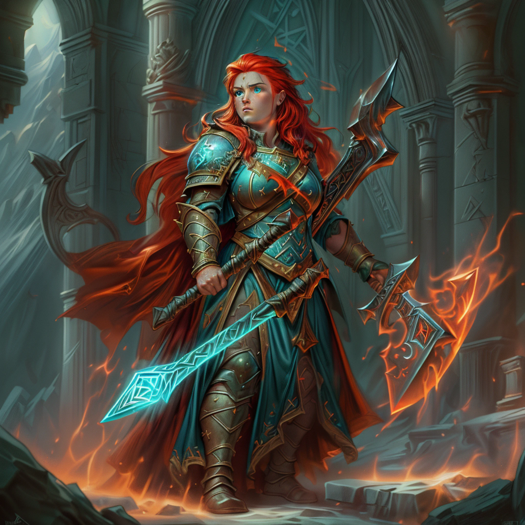 high details, best quality, 8k, [ultra detailed], masterpiece, best quality, (extremely detailed), dynamic angle, ultra wide shot, photorealistic, fantasy art, dnd art, rpg art, realistic art, an ultra wide picture of female dwarf cleric, holding axe with red fire on it , casting a spell, wearing heavy armor, white armor (best details, Masterpiece, best quality: 1.5), blue cloak (intricate details, Masterpiece, best quality), holy symbol,(best details, Masterpiece, best quality: 1.5), from symbol GlowingRunes_paleblue, beautiful female dwarf, ultra detailed face, ultra feminine, red hair, intense eyes, green eyes, D&D female dwarf (best details, Masterpiece, best quality: 1.5) fantasy temple background, celestial background, ((divine worship atmosphere)), high details, best quality, highres, ultra wide angle