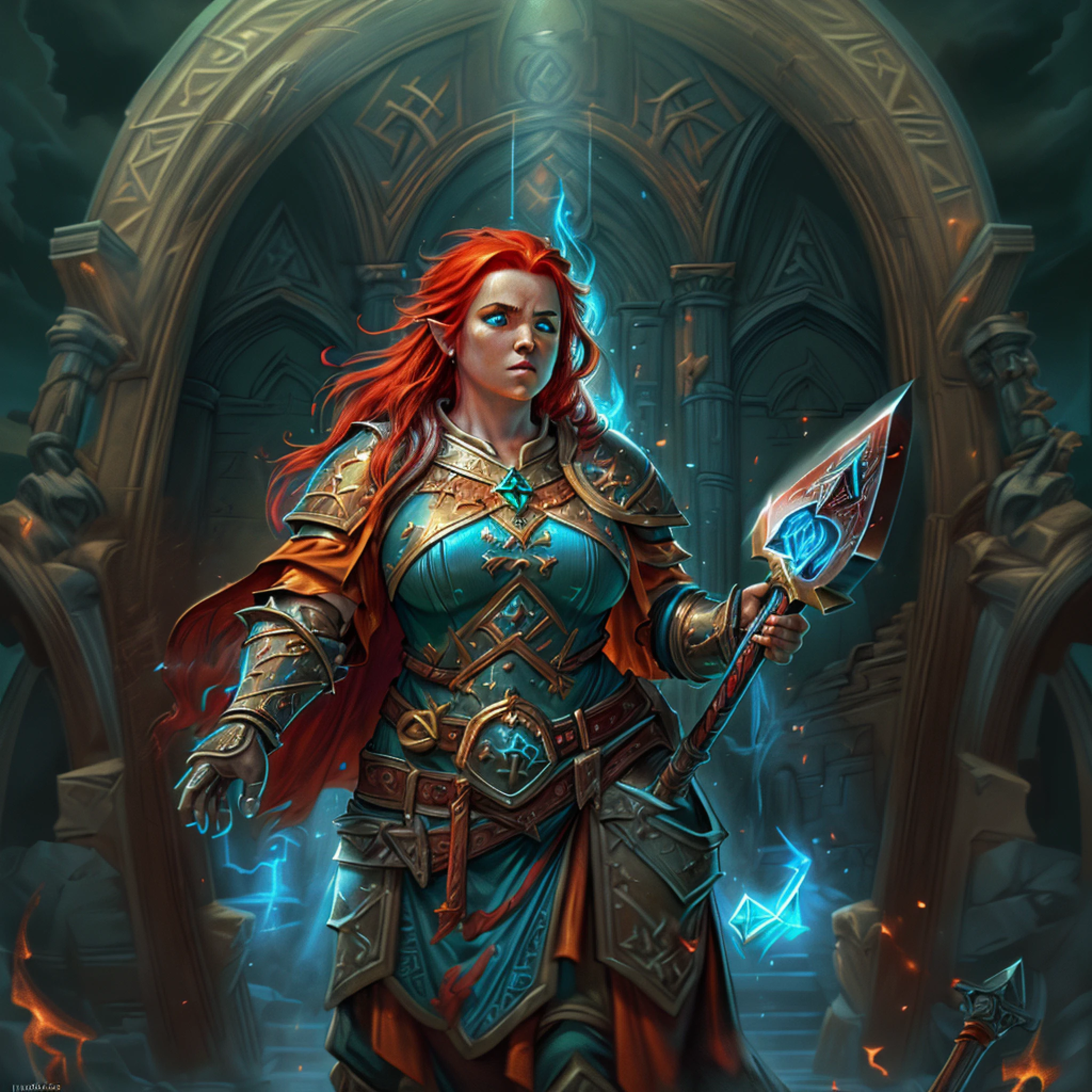 high details, best quality, 8k, [ultra detailed], masterpiece, best quality, (extremely detailed), dynamic angle, ultra wide shot, photorealistic, fantasy art, dnd art, rpg art, realistic art, an ultra wide picture of female dwarf cleric, holding axe with red fire on it , casting a spell, wearing heavy armor, white armor (best details, Masterpiece, best quality: 1.5), blue cloak (intricate details, Masterpiece, best quality), holy symbol,(best details, Masterpiece, best quality: 1.5), from symbol GlowingRunes_paleblue, beautiful female dwarf, ultra detailed face, ultra feminine, red hair, intense eyes, green eyes, D&D female dwarf (best details, Masterpiece, best quality: 1.5) fantasy temple background, celestial background, ((divine worship atmosphere)), high details, best quality, highres, ultra wide angle