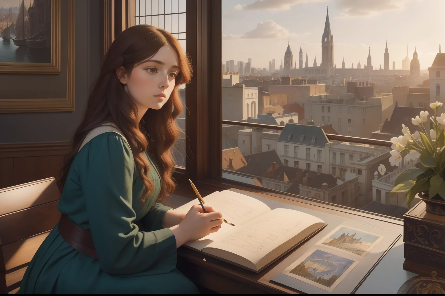 In the Pre-Raphaelite tradition, portray the contemplative mood of a lone, dark-haired artist sketching a sunlit, iconic cityscape from a quiet vantage point, with the intricate architectural details and the artist's focus on the scene creating a captivating composition.