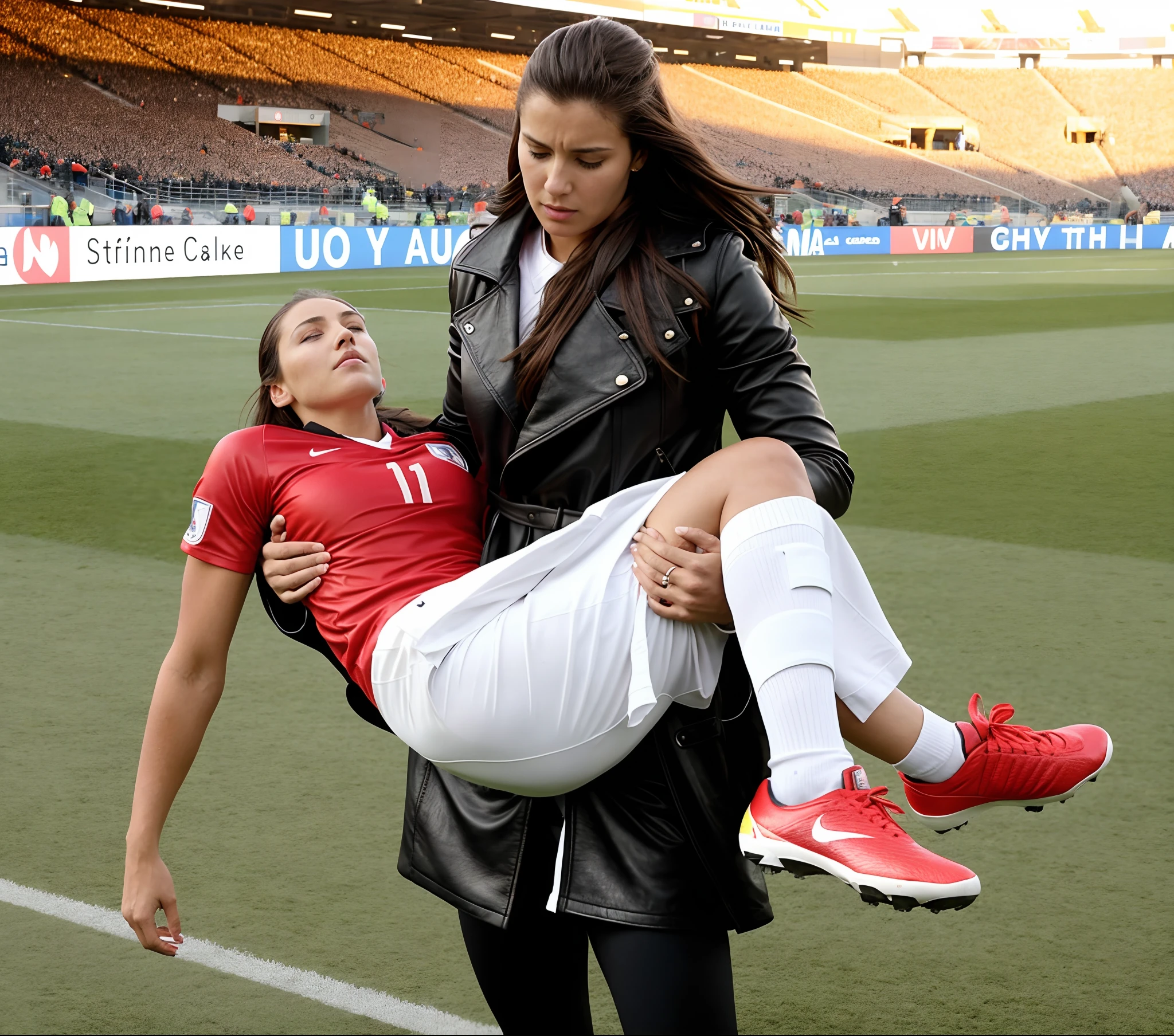 Andrea carries the wounded man's body in her hands, Andrea grabs his legs and his body with her hands, the bearded man in Andrea's arms is visibly in pain, stadium atmosphere, the bearded man is lying consciousless in Andrea's arms with one arm hanging down, A scene at a soccer stadium, a bearded man lying in a caring women's arms, lying helpless in her arms with his head dangling down, he has one arm dangling down while being carried in the women's arms, There is an attractive and heavily made-up woman in a long black leather coat, A pretty woman in a shiny black leather coat on a soccer field, A wonderful woman is holding a passed out man, A man in matt and roughened sportswear is held diagonal in her arms, a man in a woman's arms and lets one arm dangling down, we see the man held in front of the woman's body, the man is cradled in the woman's arm while being carried, the beautiful woman is exceptionally heavily made up and has an extremely desperate and very angry expression on her face, high-resolution photo, realistic sports photo, soccer scene, woman in black shiny long leather coat, injury scene, real photo, ultra realistic, high definition, sports photography