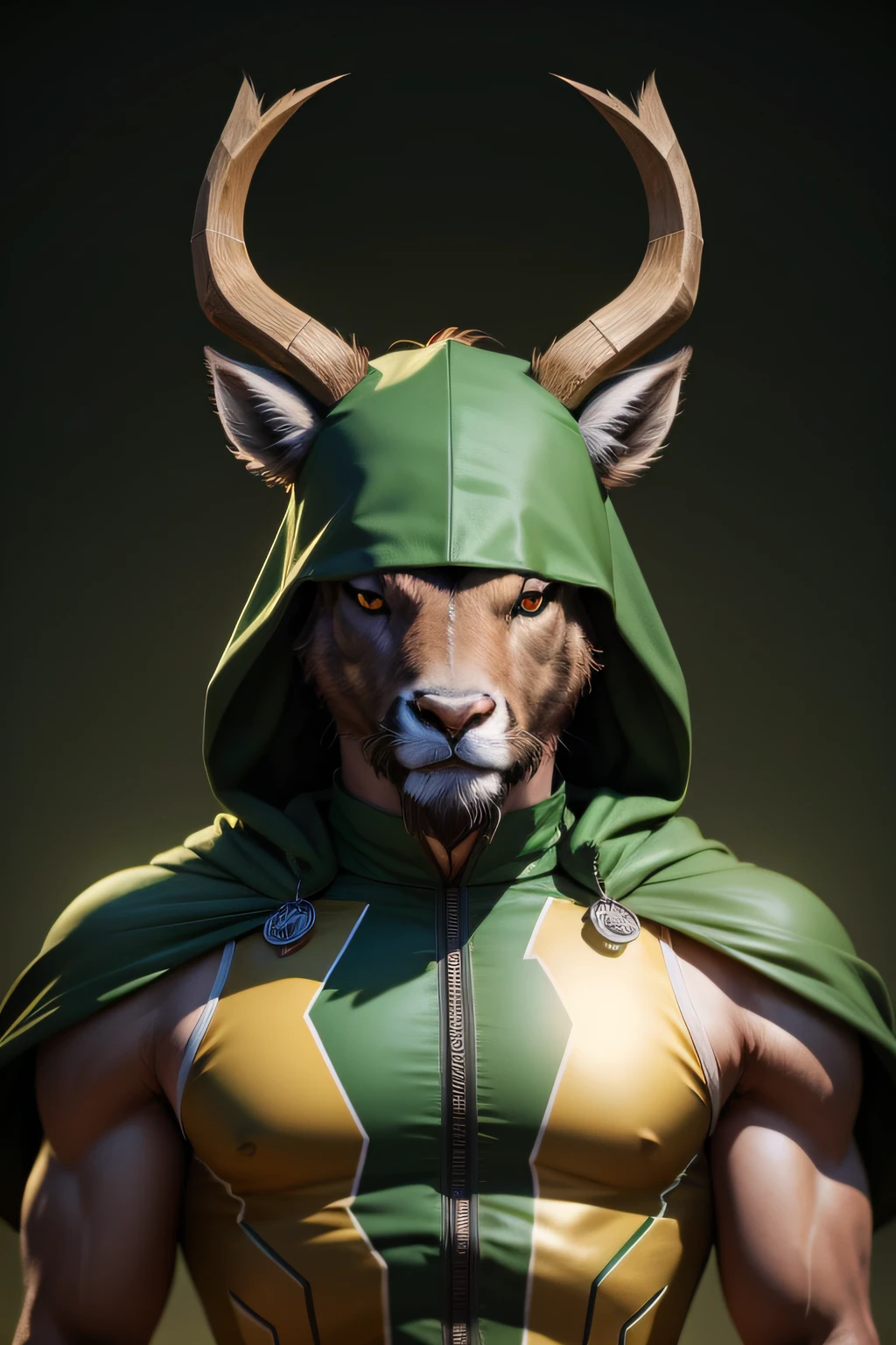 pakistani national animal markhor in green ironman costume deadly looking realistic looking 3d portrait