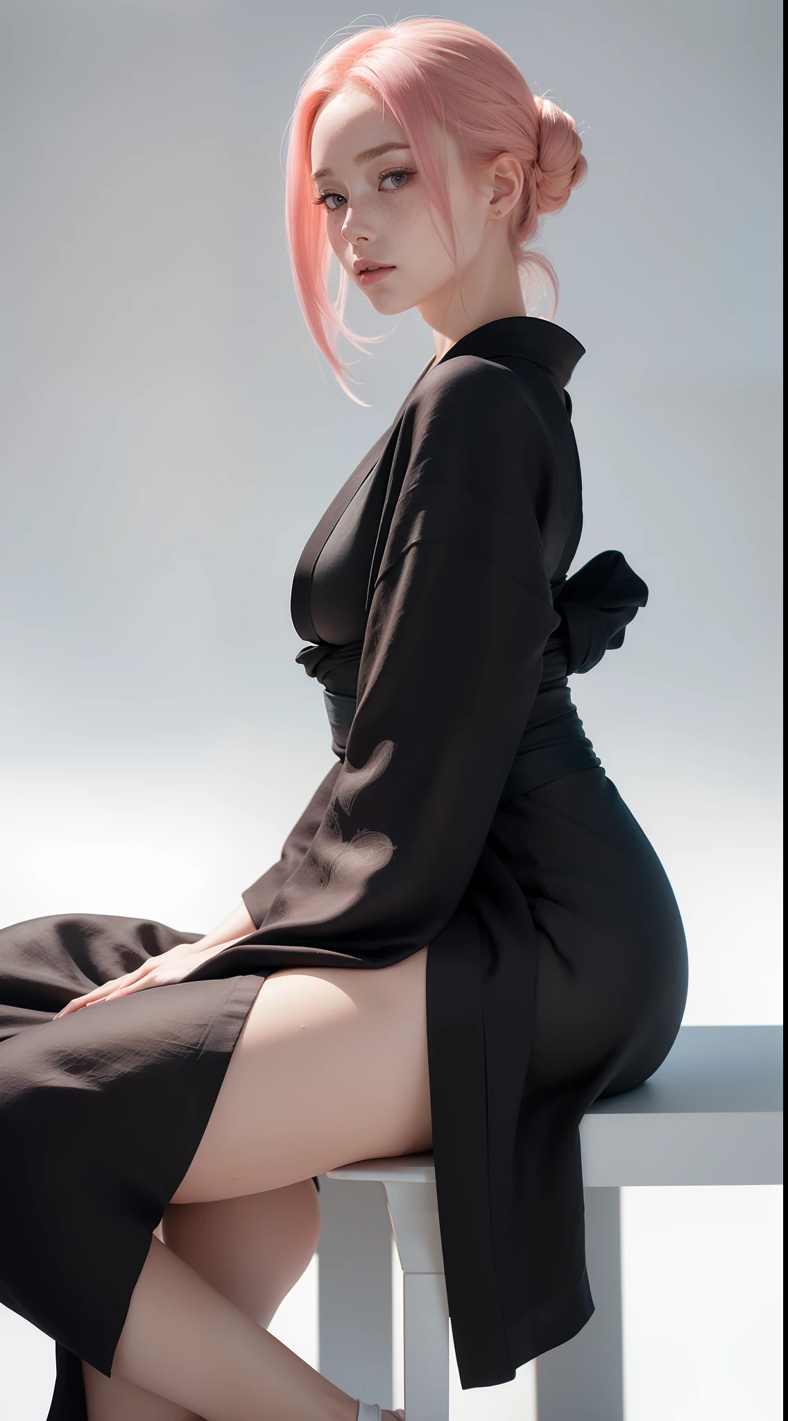 dynamic pose,sitting:1.3,side view:1.3,1girl,pale skin,pink hair,delicate face,freckles,shy,(black linen kimono:1.3),(wide thigh gap:1.3),(white background),(best quality:1.2,ultra-detailed,realistic:1.37),portrait,soft colors,polished lighting