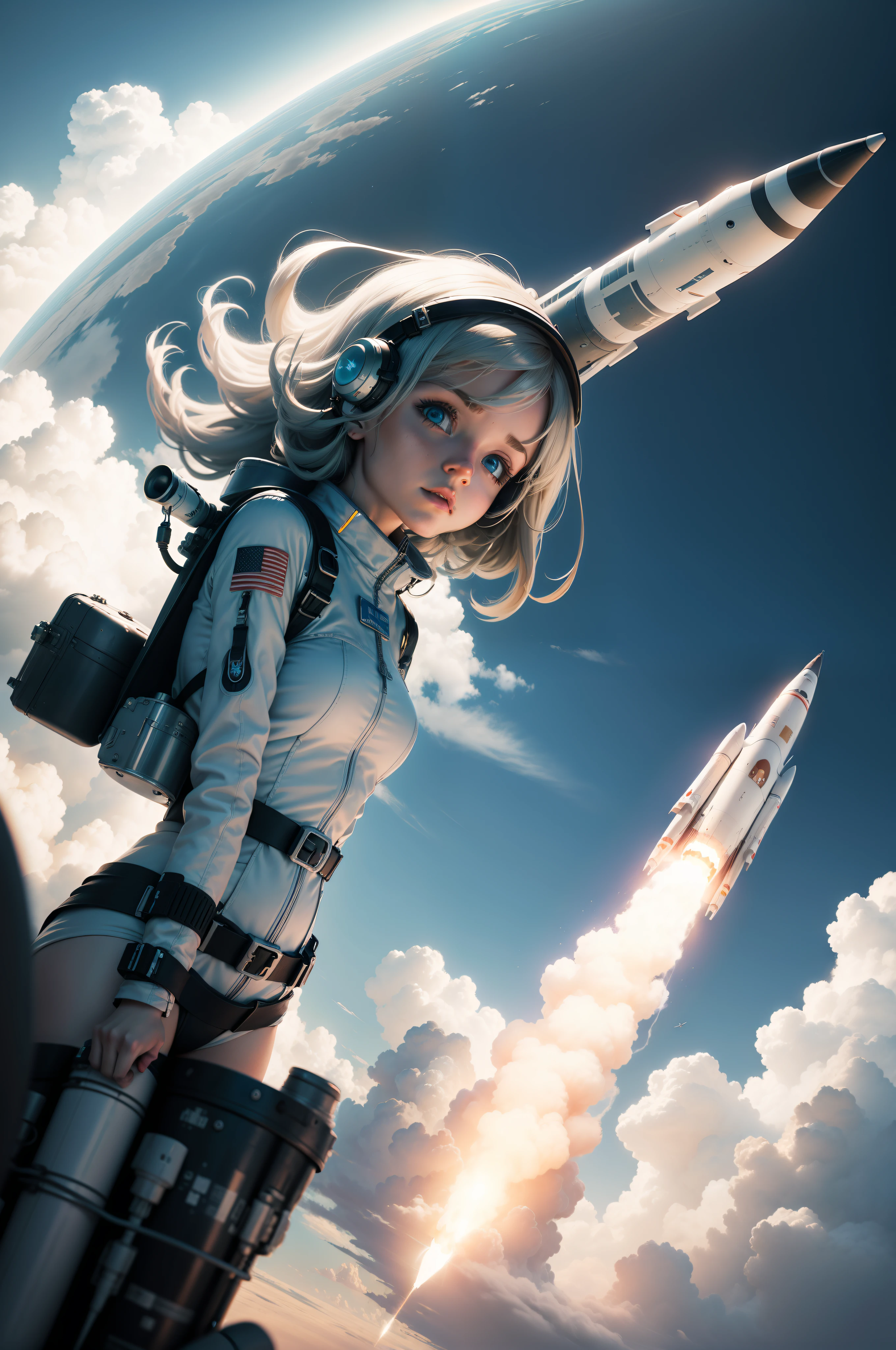 sci fi rocket girl flying in the clouds