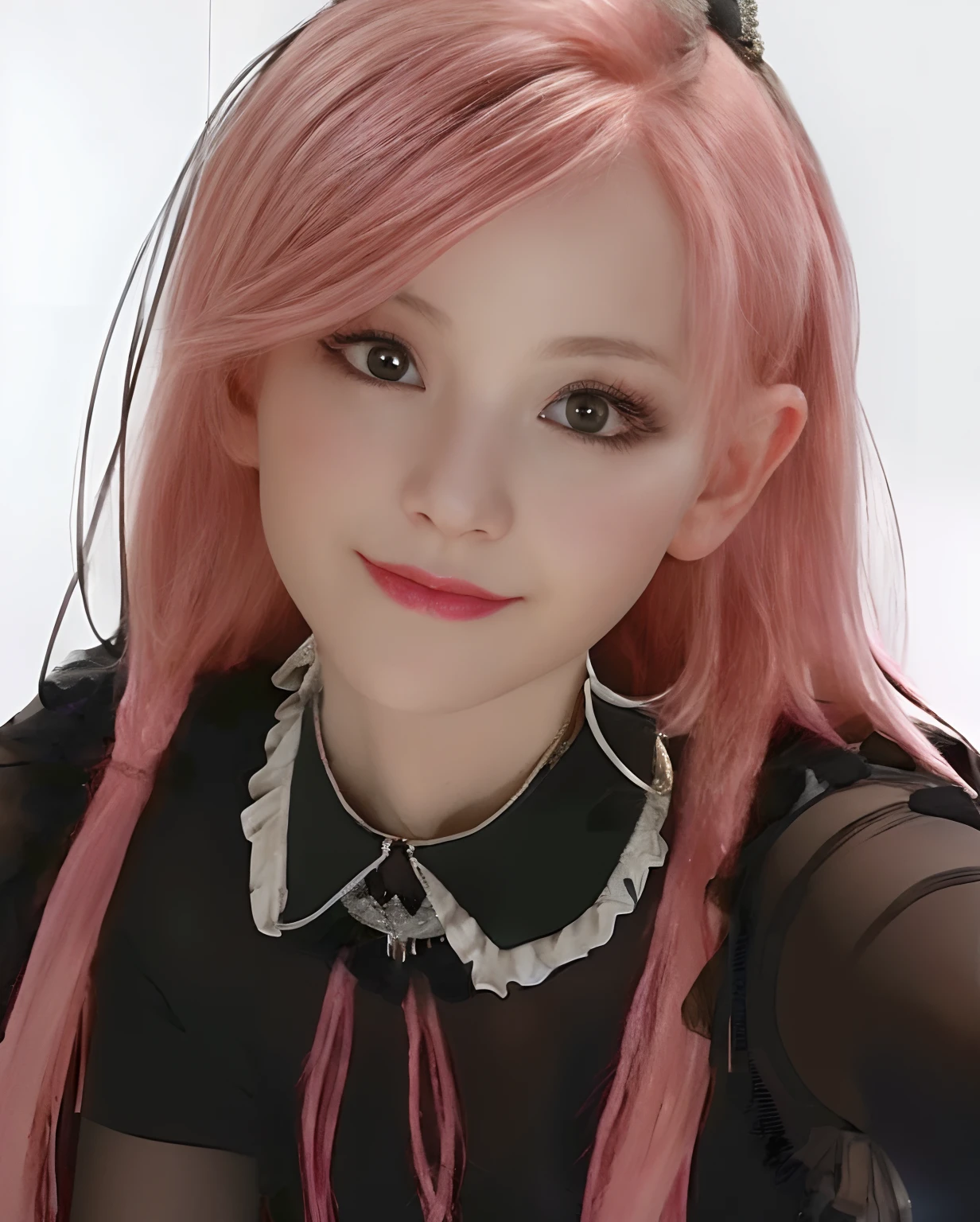1 girl, pink hair, red eye, detail face, detail eye, black drees,small lips, small,lip, not smile, masterpiece photograpy realistic, best image quality, ultra detail, high quality, very realistic, very detail,((realistic))