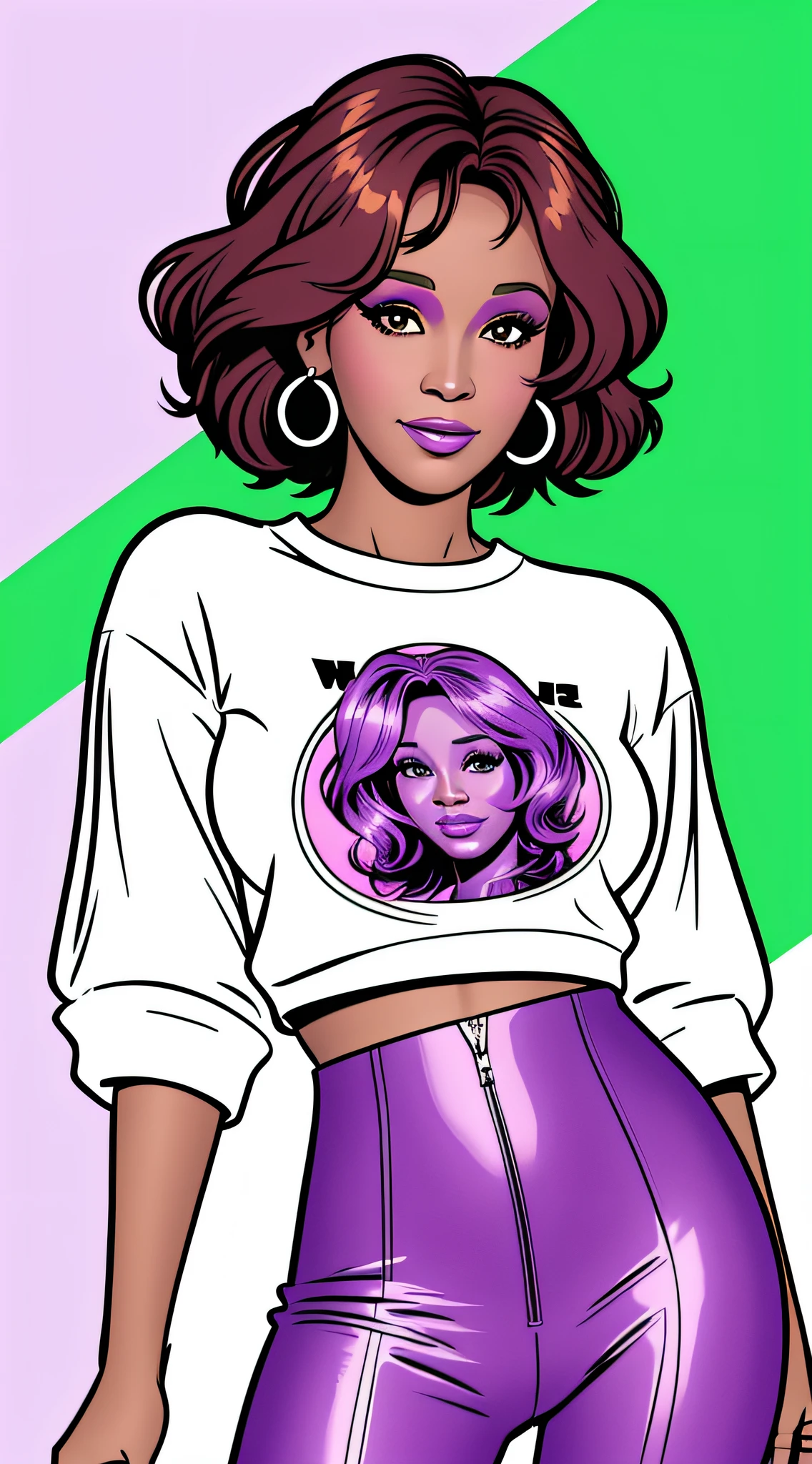 1girl,cute (whitney houston)gamora,green skin,half body shot,front stand,looking at camera,eye contact camera,minimalistic,line art, vector, svg, coloring book, coloring book page style, purple outline on pink