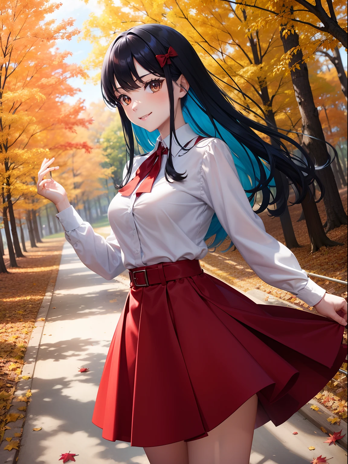 Red autumn leaves Path in the woods Pretty girl a smile Black eyes Light blue hair Long Autumn sunny Yellow skirt flows White blouses Falling leaves flutter