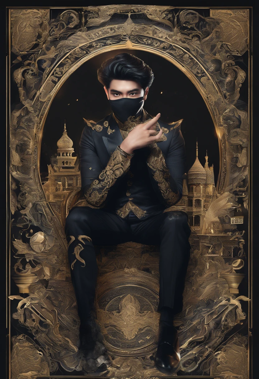 Creating the image of a 20-year-old boy, Thai, Handsome, People with silver and bright eyes, He is a magician, Narix wears a black mask on top.、Wearing black gala clothes, Behind him, Rising at night, There is a stone Victorian mansion. night scene