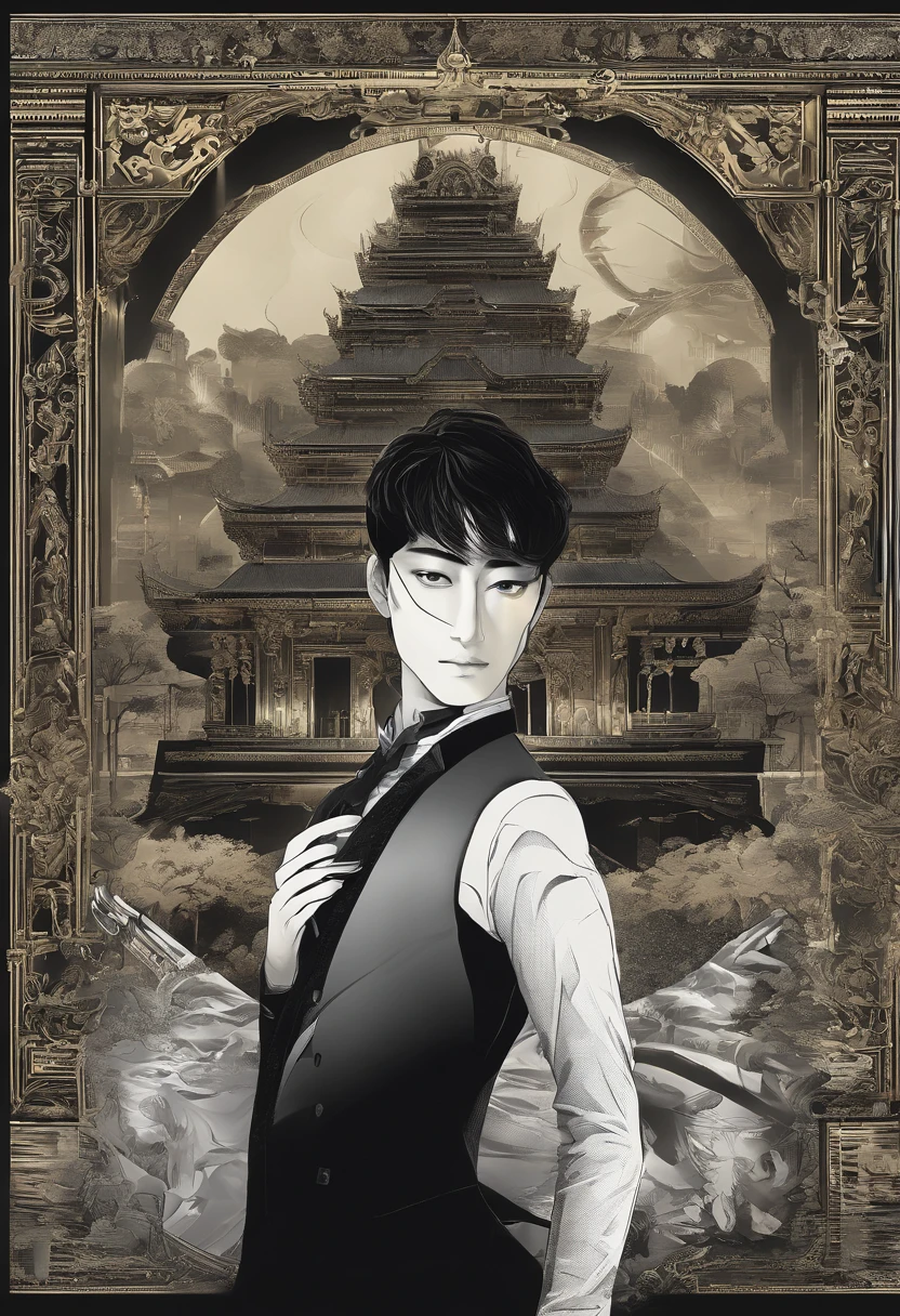 Creating the image of a 20-year-old boy, Thai, Handsome, People with silver and bright eyes, He is a magician, Narix wears a black mask on top.、Wearing black gala clothes, Behind him, Rising at night, There is a stone Victorian mansion. night scene