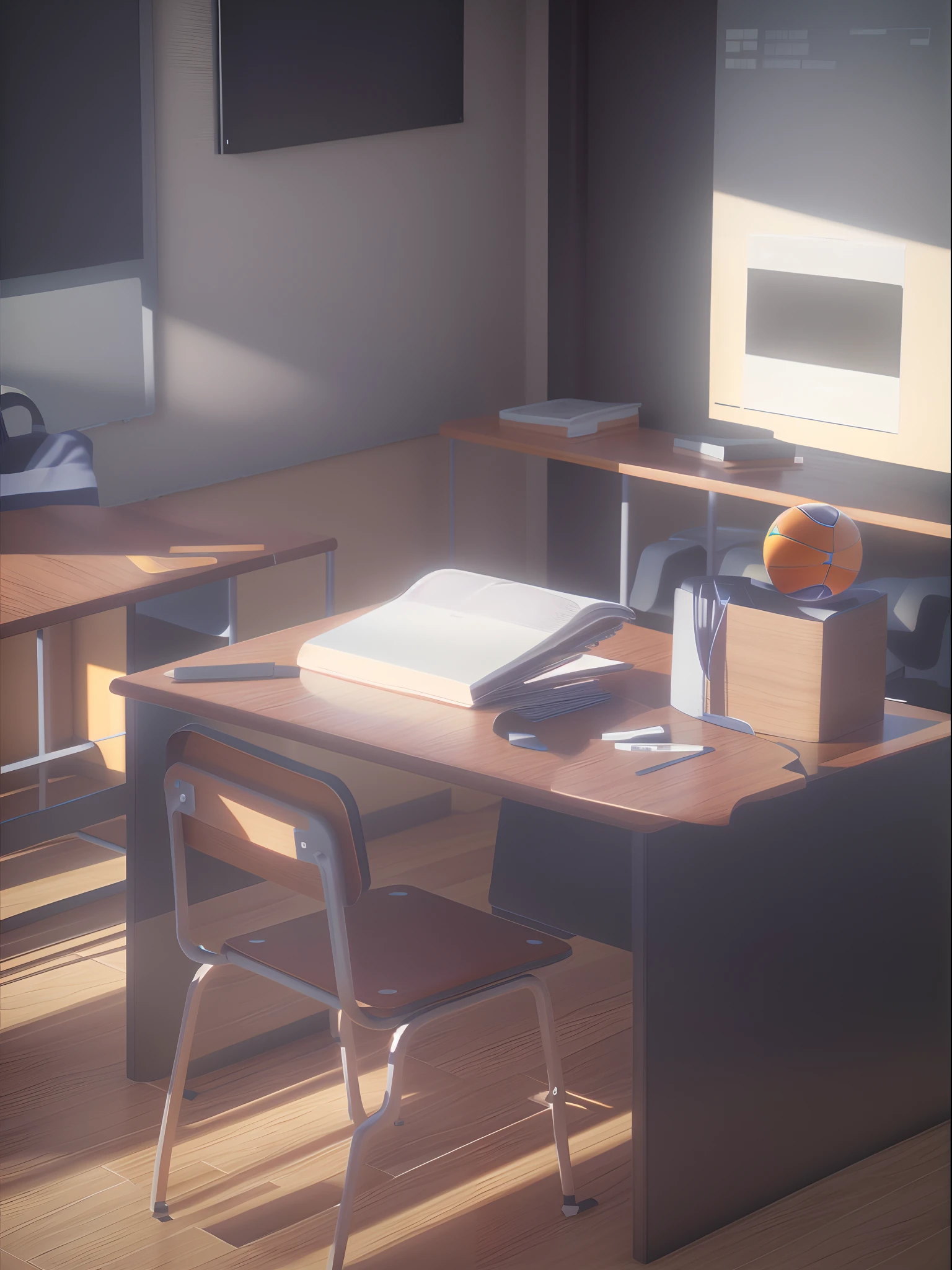There is a table，There is a chair and a ball on it, Classroom Background, School Classroom,  detailed school background, typical anime classroom, animation style render, 3 d stylize scene, Classroom, Rendered in Cinema4D, detailed scene, In a classroom, corner office background, Render in c4D