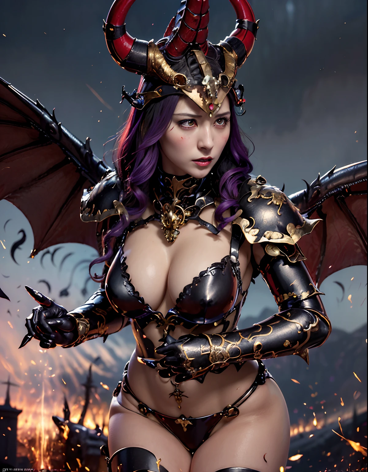 ((World of Darkness))、Professional , masterpiece、top-quality、photos realistic , depth of fields 、Beautiful Cyberpunk Woman Image,((World of Darkness)),(Dragon Blue Metal Body:1.1),(latex black-purple、(cleavage of the breast)(Fight dragons)、Mystical expression、Dragon Gold Weapon((Random Hairstyles 1.5),Dark Fantasy,)、、(Red Micro Bikini Armor:1.4),Gorgeous gold weapons ,((((Particles of light))))、,Blood on the face,Blood Rain,Blood fog(blood splattere:1.4),,((( Dragon's dense and gorgeous sword)) , (demonic wings)、((a blond))、(Castle background)、((Gangle's forest background))、((Fight dragons))、Beautiful Caucasian beauty、1a person、dynamic ungle,(((Detailed and ornate dragon helmet)))、(((On his head grow two demon horns))),Smaller head、A smile、Castle background、Thin and beautiful female hands、cleavage of the breast、Soldier in iron armor on background、Mystical expression、Light Effects、intense fighting、Wind-effect、magic circles、With the legendary magic wand、Dragon's tail、explosions、Anatomically correct body、、((4 fingers,Thumb、Detailed hands and fingers,High-resolution hands and fingers:1.2)),