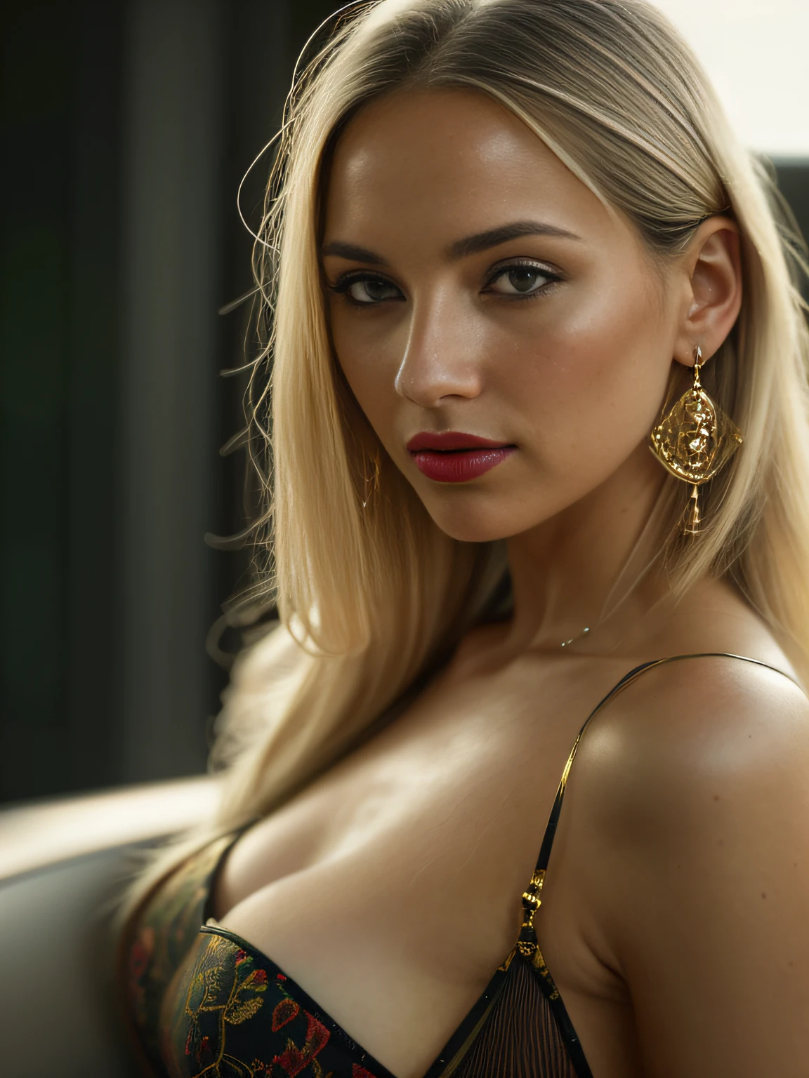 (Helena Lovista) photo of a stunning beautiful woman in rolls royce back seats, long messy windy blonde hair, green eyes, (magazine photo style:1.3), modelshoot style, (extremely detailed CG unity 8k wallpaper), photo of the most beautiful artwork in the world, professional majestic oil painting by Ed Blinkey, Atey Ghailan, Studio Ghibli, by Jeremy Mann, Greg Manchess, Antonio Moro, trending on ArtStation, trending on CGSociety, Intricate, High Detail, Sharp focus, dramatic, photorealistic painting art by midjourney and greg rutkowski, (sexy shiny golden dress:1.1), (looking at viewer), (detailed pupils:1.3), (modern outfit:1.2), (closeup), red lips, (earrings), (fashion magazine logo), (magazine text), (magazine title:1.1)