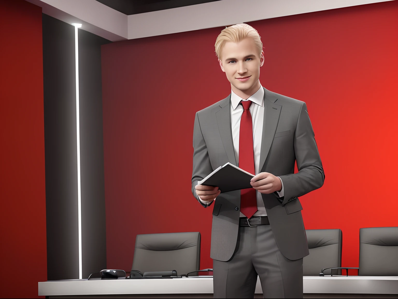 est quality, ultra high res, (photorealistic:1.4), hdr, hyperdetailed. A young blond man in suit gesturing and speaking at a syndicated talk show. Master mind. Smart. Slight evil smile. Intrigued. Holding a red clipboard. Spotlights, cameras. Tabloid talk show. A lot of space. Red and grey colors in interior design.