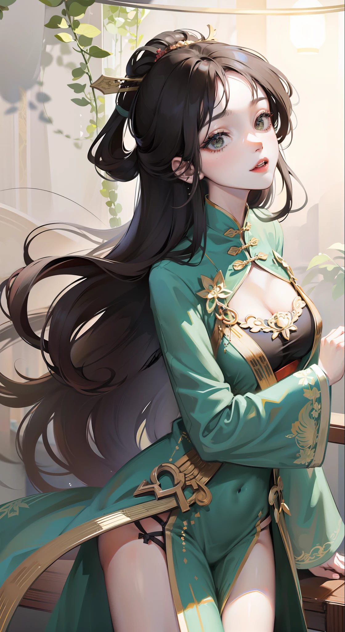 Chinese girl showing off sexy pose,writhing,Delicate facial features,Heroic,Charming,(There are embroideries on the clothes:1.4),outside,green color,Long Hanfu,Chinese Traditional Cloth,Feminine,The upper part of the chest is exposed,cleavage,Bigchest,8K,super-fine,tmasterpiece,Detailed pubic hair,dynamic viewing angle,Fine depiction of the face