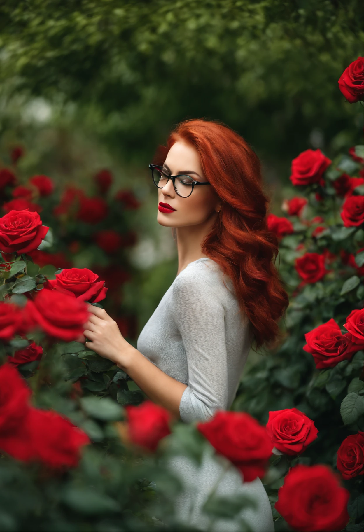 red hair green eyes glasses beautiful real lady backside red rose garden