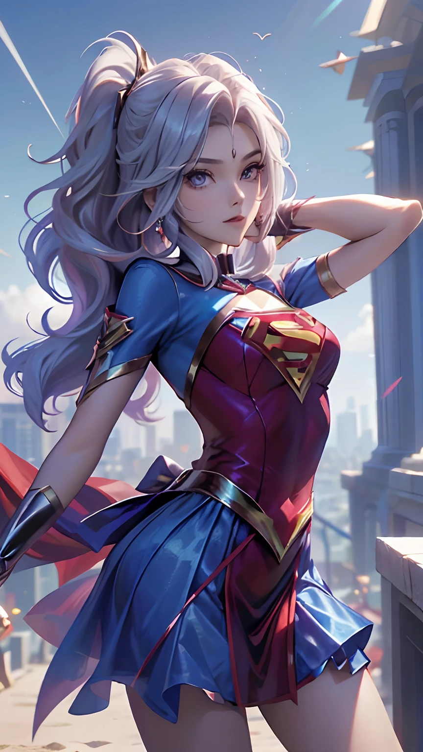 ((best quality, master part, disparate)),1 cinta:1.9, sexy, ( 18 anos, expressivos olhos azuis, cabelos loiros na altura dos ombros, cabelos longos,Cabelos soltos e macios),Cosplay vestido de Supergirl (Super Girl Suite RPG personalizado), vestido vermelho curto,Eechi, Terrace in 1 building, pose sensual, cabelos loiros. wearing superman's S symbol on his chest.