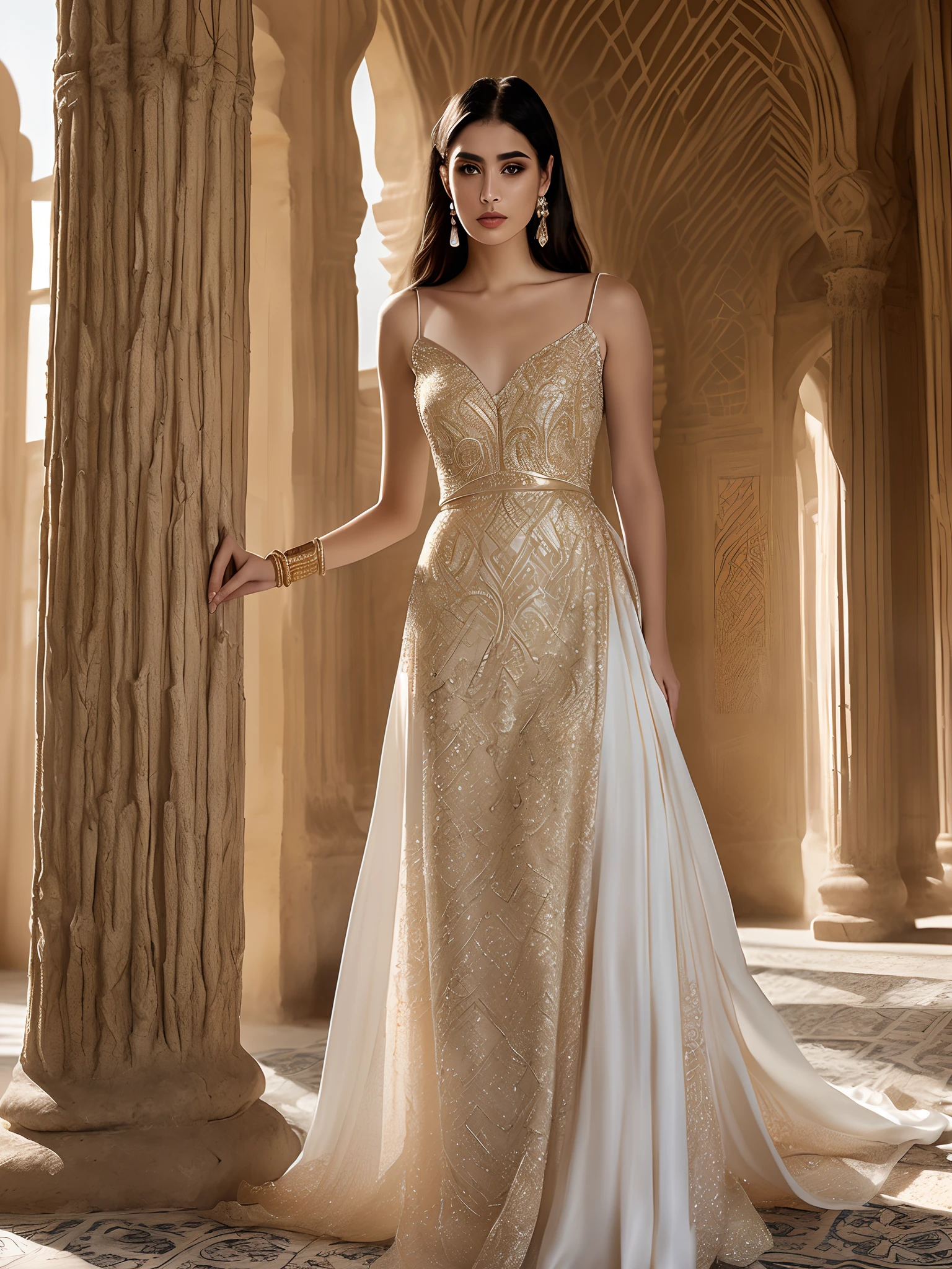 Describe the image style and viewpoint for a high-fashion photoshoot featuring a stunning evening gown with intricate stone embellishments on the bodice and a sumptuous, floor-length skirt made from a blend of satin and silk. The design takes inspiration from the organic texture of date palm trees and the traditional patterns of Baluchistan’s capes in Iran. Set the scene in an opulent architectural location with an atmosphere of elegance and mystery, capturing the play of soft, golden lighting on the dress.