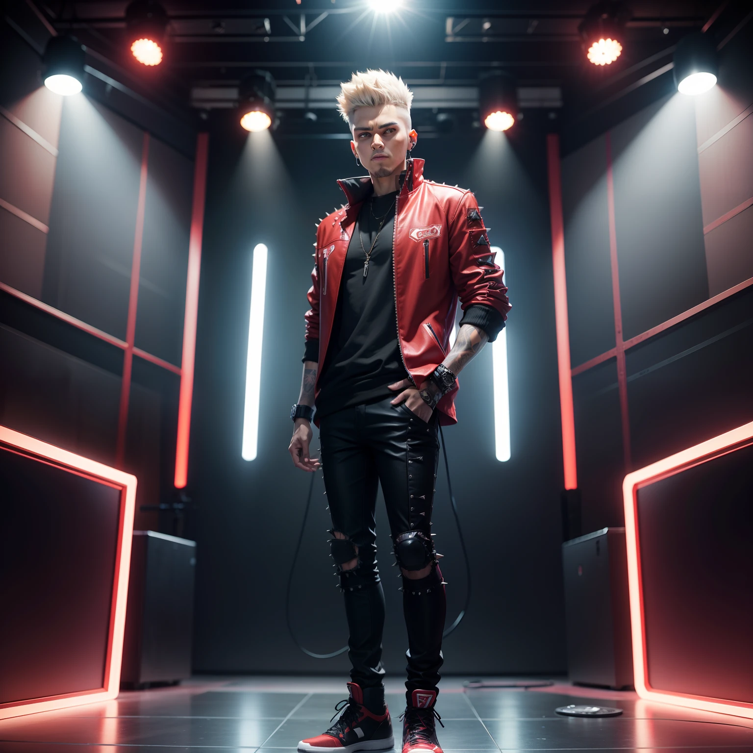 FelixGameVibeKingofBass with short spiky hair in Studio show full body standing
