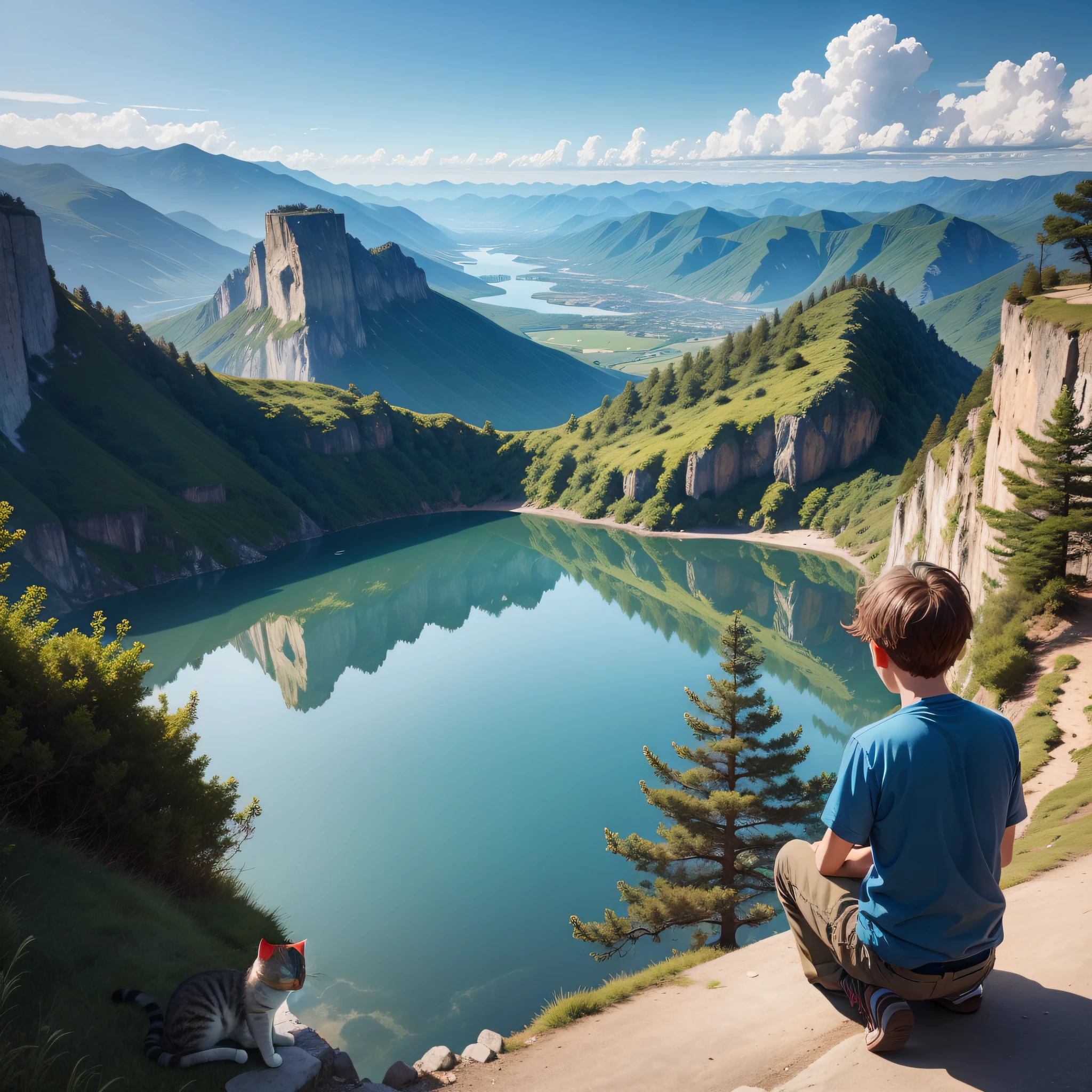Vast landscape photos , Sky and lake below ,A boy turned his back to him,A cat at the boy's feet,Look up at the lake,Far Mountain