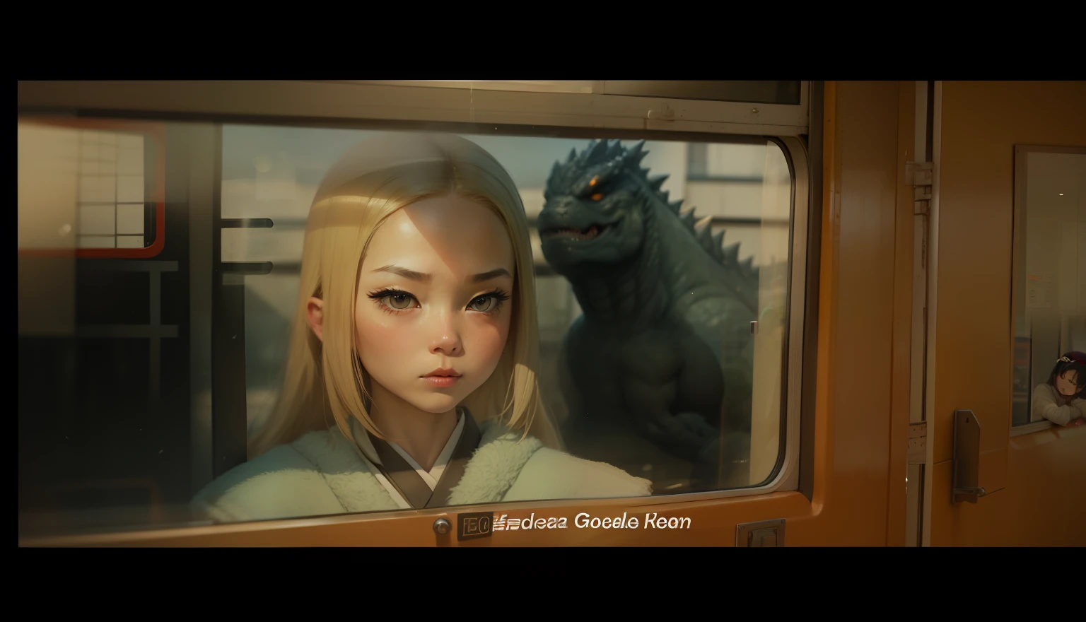 Girl, window, japanese, buss, godzilla