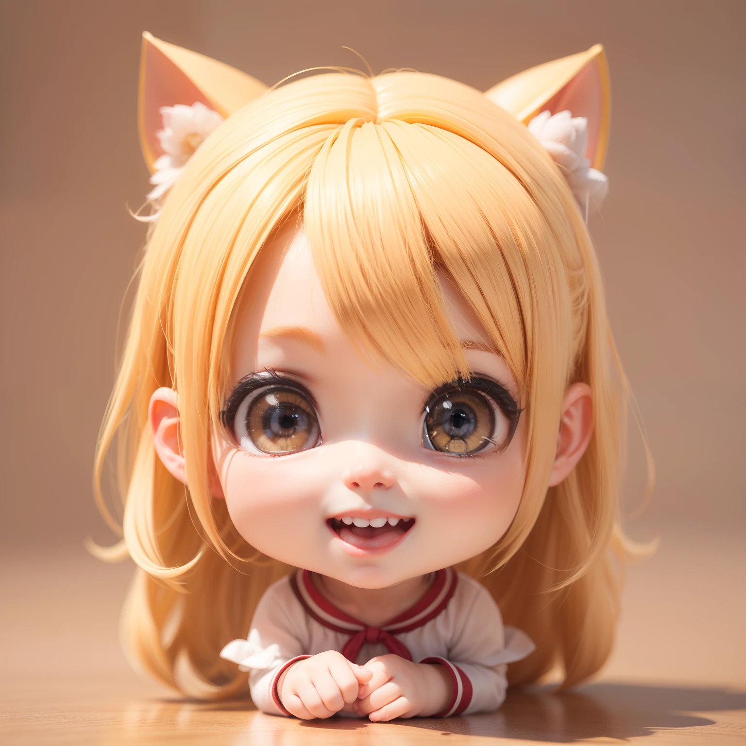 Cute Baby Chibi Anime、(((Chibi 3D))) (Best Quality), (masutepiece)、fashion modell、Blonde long hairstyle、(Chibi Display Home:1.3)、Open your mouth and smile、Small face、A detailed face