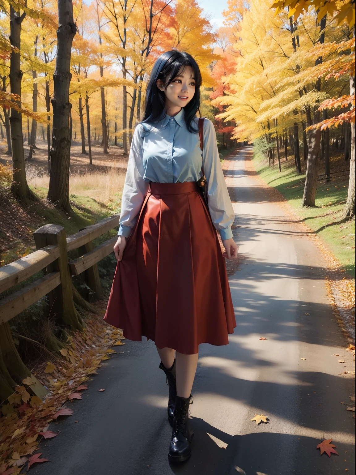 Red autumn leaves Path in the woods Pretty girl a smile Black eyes Light blue hair Long Autumn sunny Yellow skirt flows White blouses Falling leaves flutter