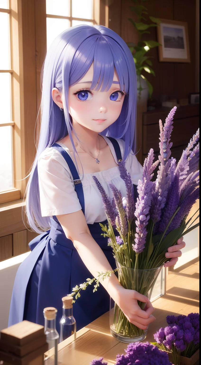 girl work on flower shop, beautiful shining blue eyes like crystal clear glass, lavender