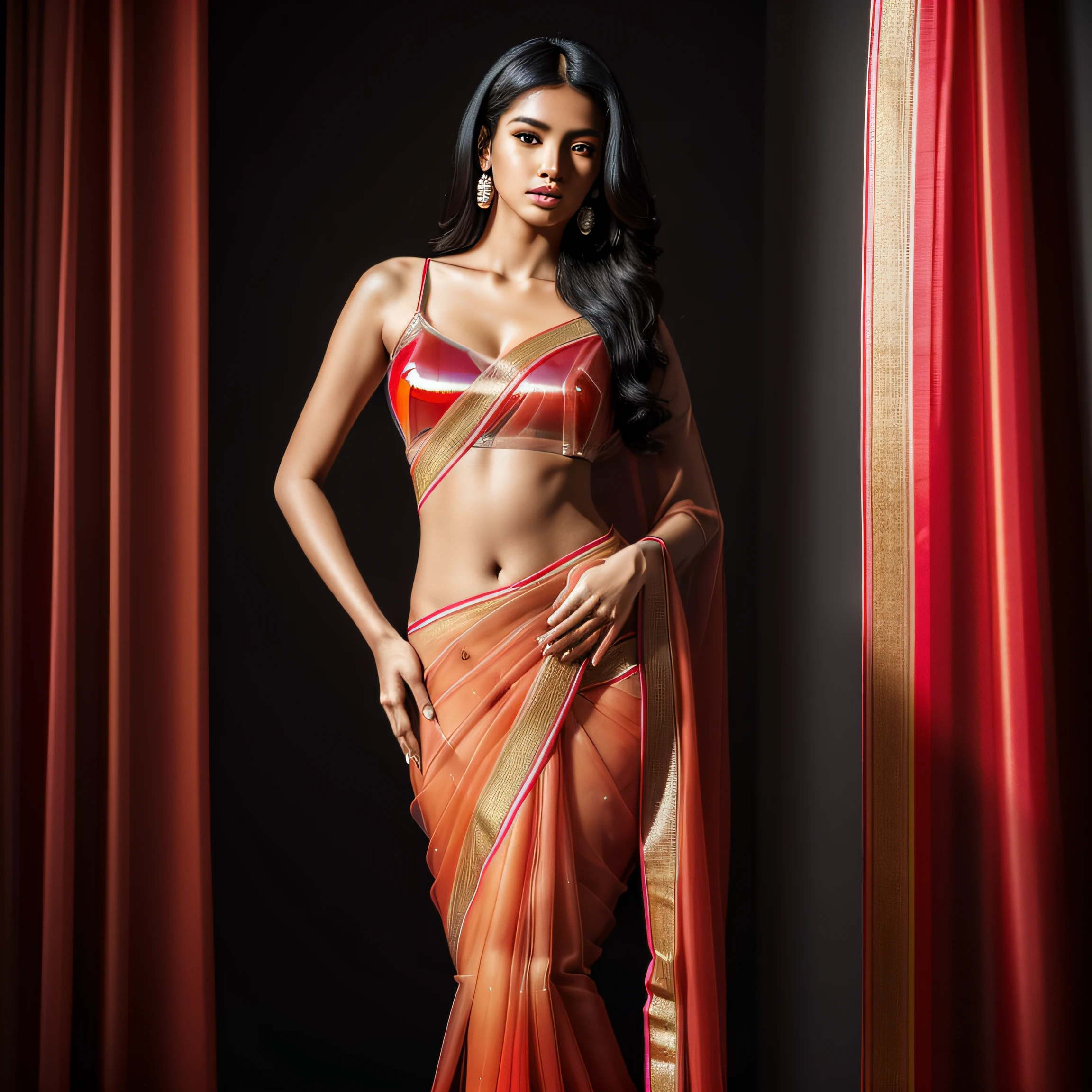 Masterpiece, (((full body shot view))), ((1 girl solo)), (one beautiful (Indonesian:0.8)-(Spanish:0.2) girl (looking at camera:1.5)), (((Risyana Devita))), 20 years old, breathtaking beauty, natural beauty, perfect and delicate face, detailed facial features, beautiful brown eyes, detailed eyes, soft lips, (long dark-black hair:1.5), (tall figure:1.5), (athletic body), (small breasts), cleavage breasts, pearl skin, (skin pores:0.7), extremely detailed face and skin texture, (skin texture:1.1), beautiful long legs, standing model pose, in a photo studio with a bright flat background, (wearing a ((true-red) sexy transparent Saree Dress), extremely detailed and realistic clothes, sharp focus, 8k uhd, best quality, ultra-detailed, realistic, colorful tones, natural lighting, clean lines, vibrant colors, modern art style, high-res, professional-grade, textured finish, contrasting elements, dynamic composition, lifelike texture, precise details, expert craftsmanship, layered colors, stunning visuals, exquisite artwork, (depth of field),