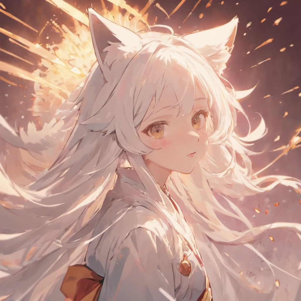 (White background:1.4),(Silhouette of a girl's head, Eyes closed, Long white hair,White fox ears,There are 9 fluffy fox tails,The tail has a fiery red color at the end, Oriental elements),(Chinese illustration:1.3,paper art:1.3, Quilted paper art:1.2),( reasonable design, Clear lines, High sharpness,Best quality, Very detailed, Masterpiece, movie light effect, 4K )