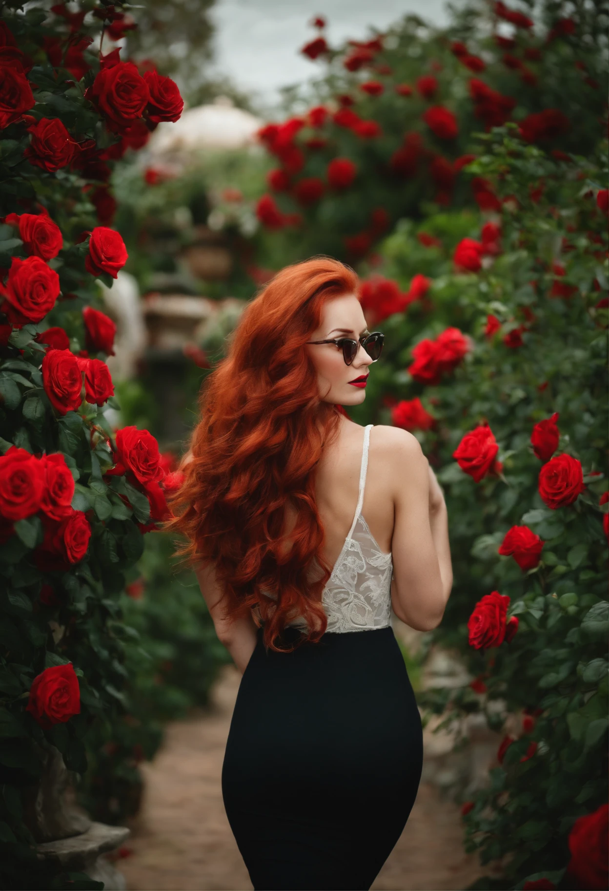 red hair green eyes glasses beautiful real lady backside red rose garden