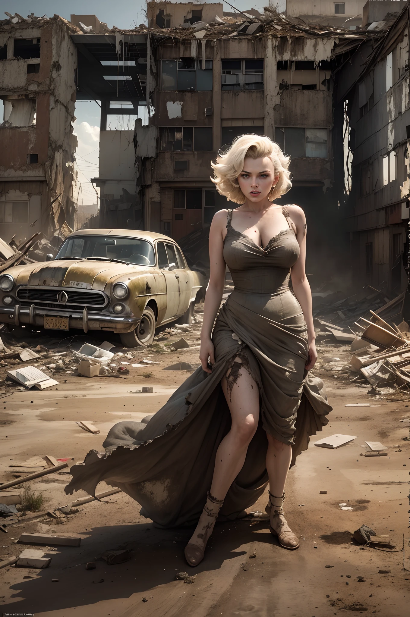Marilyn Monroe, in her iconic scene, where her dress billows up from a gust of wind, stands defiantly amidst a post-apocalyptic landscape reminiscent of “The Walking Dead”, the decaying buildings, abandoned vehicles, and desolate streets amplify the sense of danger and despair, captured in a cinematic style, with dramatic lighting, intense shadows, and a wide-angle lens to convey the vastness of the apocalyptic world