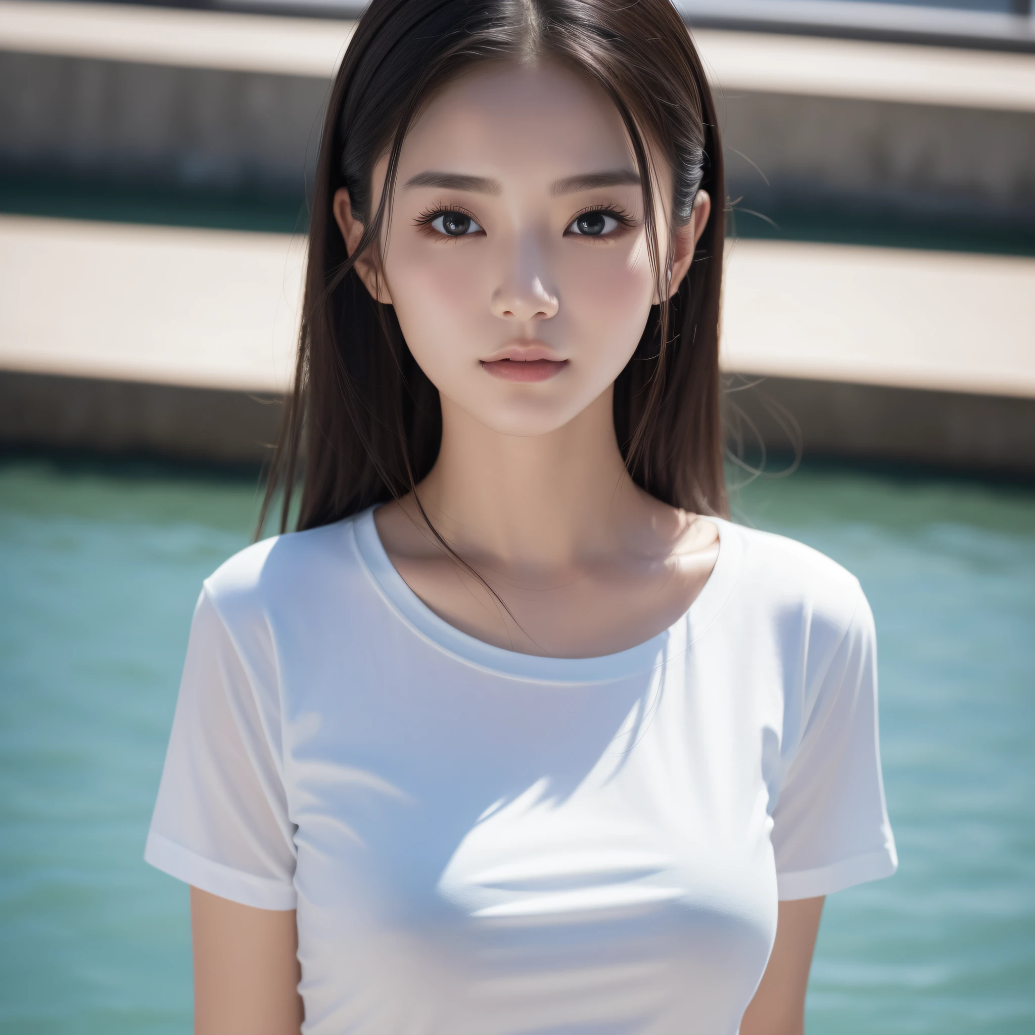 One lady、((best qualtiy、8k masterpieces:1.3))、foco nítido:1.2、(ultra beautiful faces:1.0)、(shinny skin:1.0)、photos realistic、A dark-haired、Video Lighting、High-definition eyes and face、Video Lighting、(Korean Cute Actress)、from the front side、medium breasts、ssmile、Slender Abs Beauty、Whole body、wearing t-shirts、On the quay in the early morning