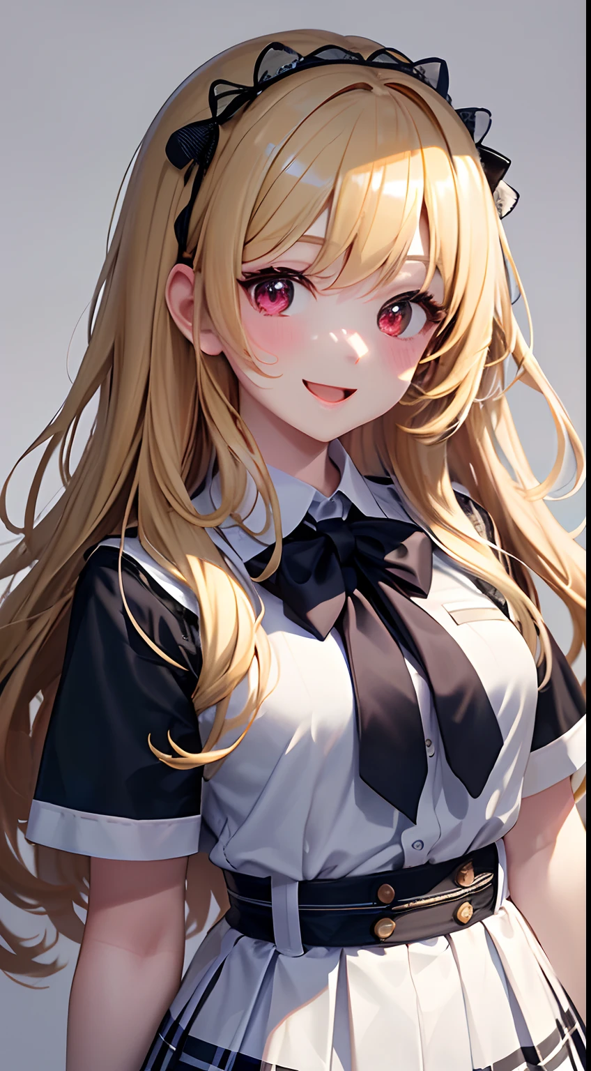 4K, masterpiece, high-definition, more absurd, natural volumetric lighting and best shadows, deep depth of field, sharp focus, soft, delicate, beautiful attractive face, biscuit doll, anime style, kitagawa marine, 1girl, :d, torso, pearl bracelet, pearls, black tie, blonde hair, blue skirt, blush, bracelet, cute, jewelry, long hair, looking viewer, tie, exaggerated laughing mouth, checker, plaid skirt, red eyes, school uniform, shirt, outdoor, skirt, smile,  Solo, Standing, White Background, White Shirt,