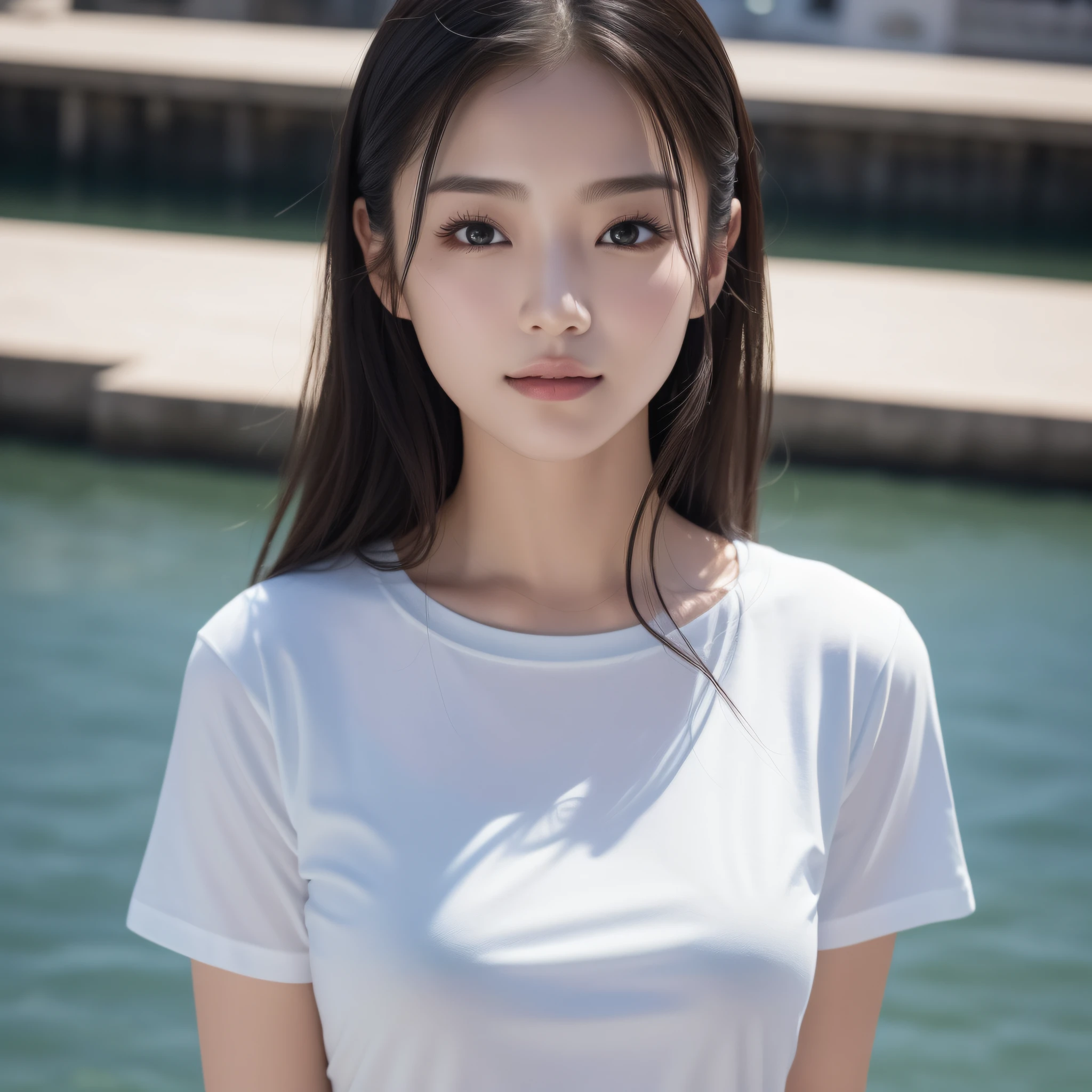 One lady、((best qualtiy、8k masterpieces:1.3))、foco nítido:1.2、(ultra beautiful faces:1.0)、(shinny skin:1.0)、photos realistic、A dark-haired、Video Lighting、High-definition eyes and face、Video Lighting、(Korean Cute Actress)、from the front side、medium breasts、ssmile、Slender Abs Beauty、Whole body、wearing t-shirts、On the quay in the early morning